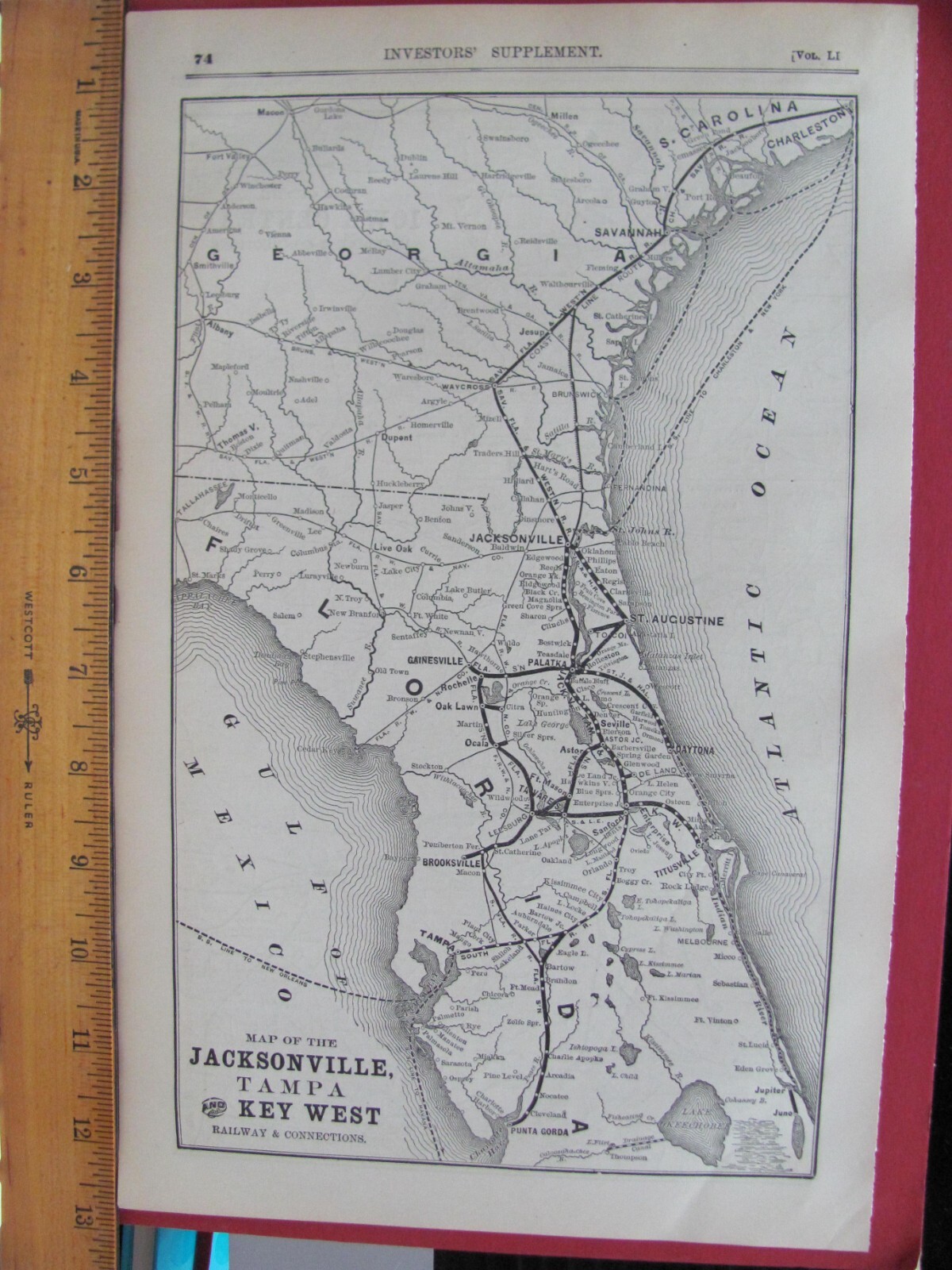 1890 SEPT JACKSONVILLE TAMPA & KEY WEST RAILROAD ORIGINAL SYSTEM MAP STATIONS