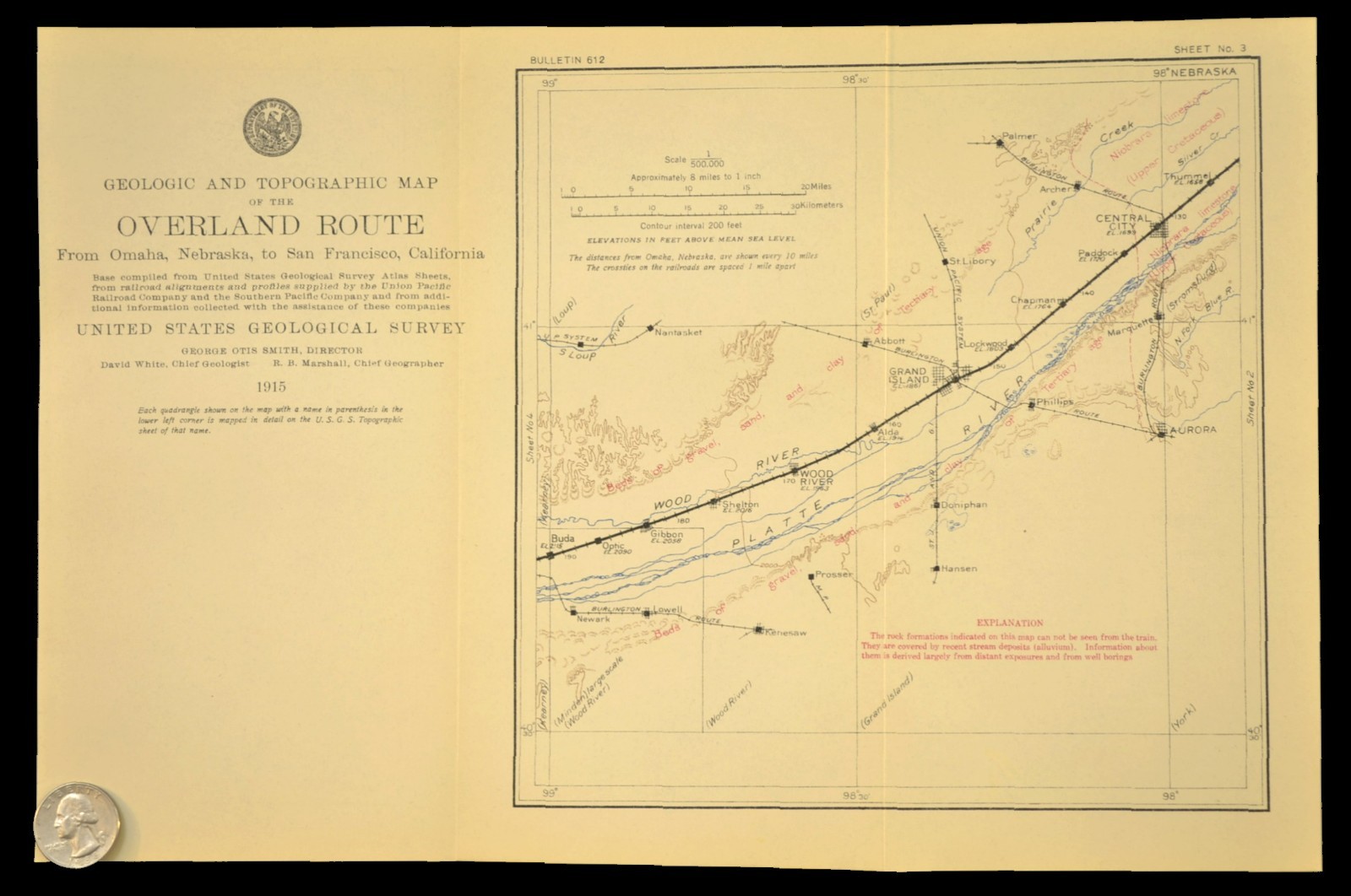 1915 Antique Union Pacific Railroad Map Grand Island NE Aurora Central City