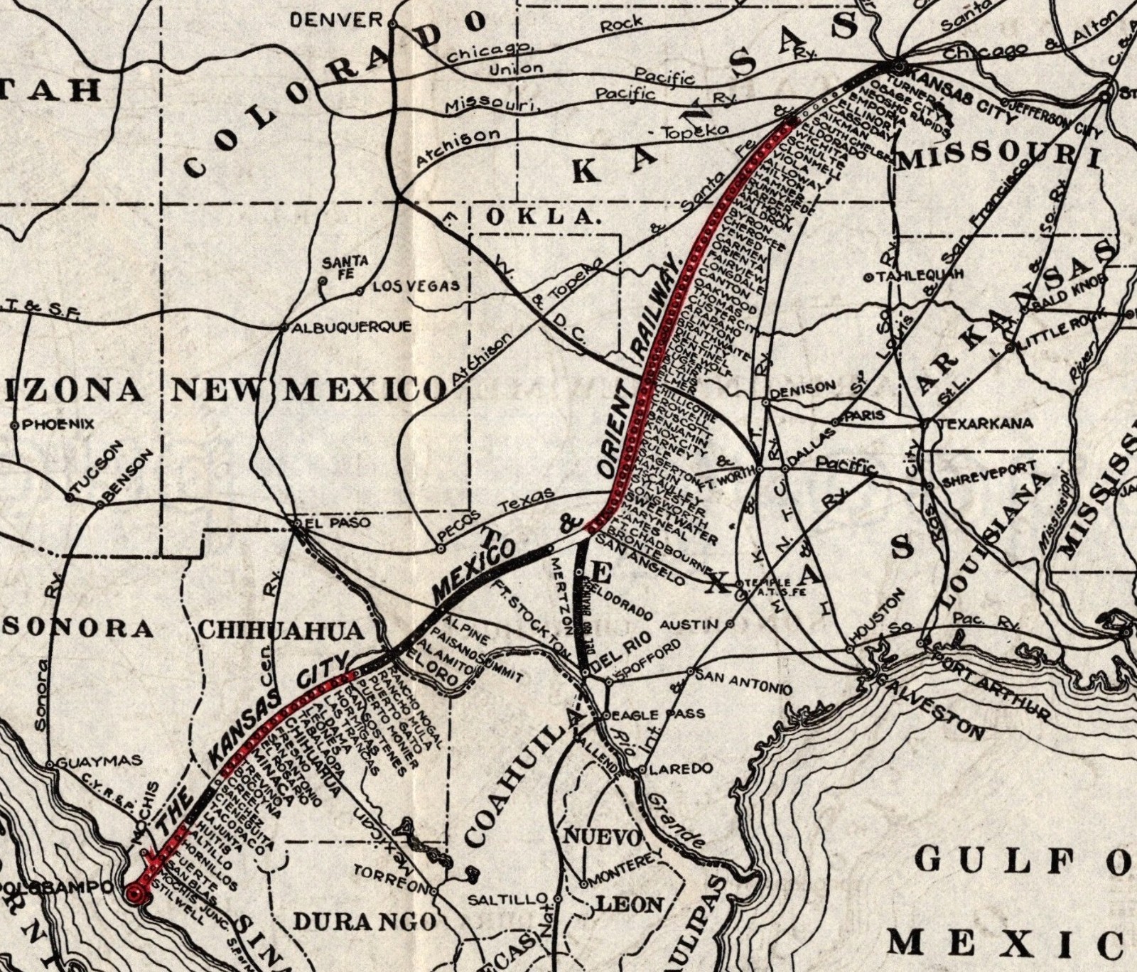 1909 Antique Kansas City Mexico & Orient Railway Map Mileage 2654