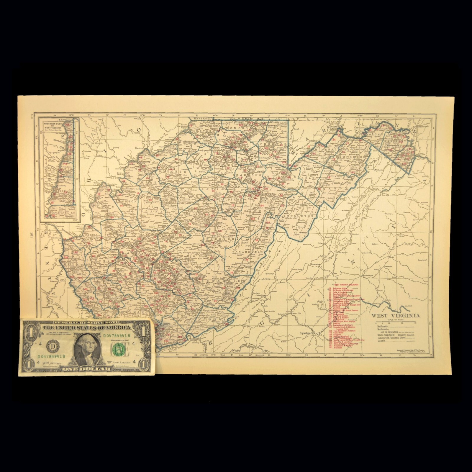 Vintage Map of WEST VIRGINIA Railroad Map LARGE B&O RR Clarksburg Antique