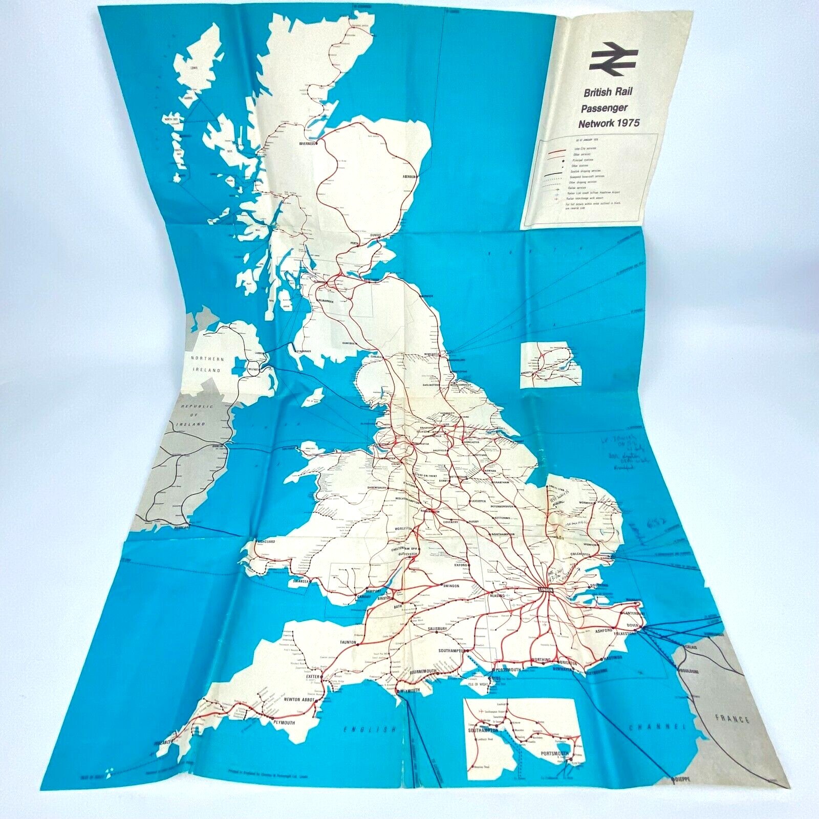 1975 Railroad Map British Rail Passenger Network Railway 23″ x 33″ Train Vintage