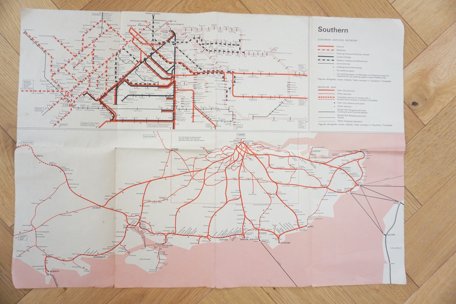 Sept 1967 British Rail Passenger Network Railway Map Southern Region
