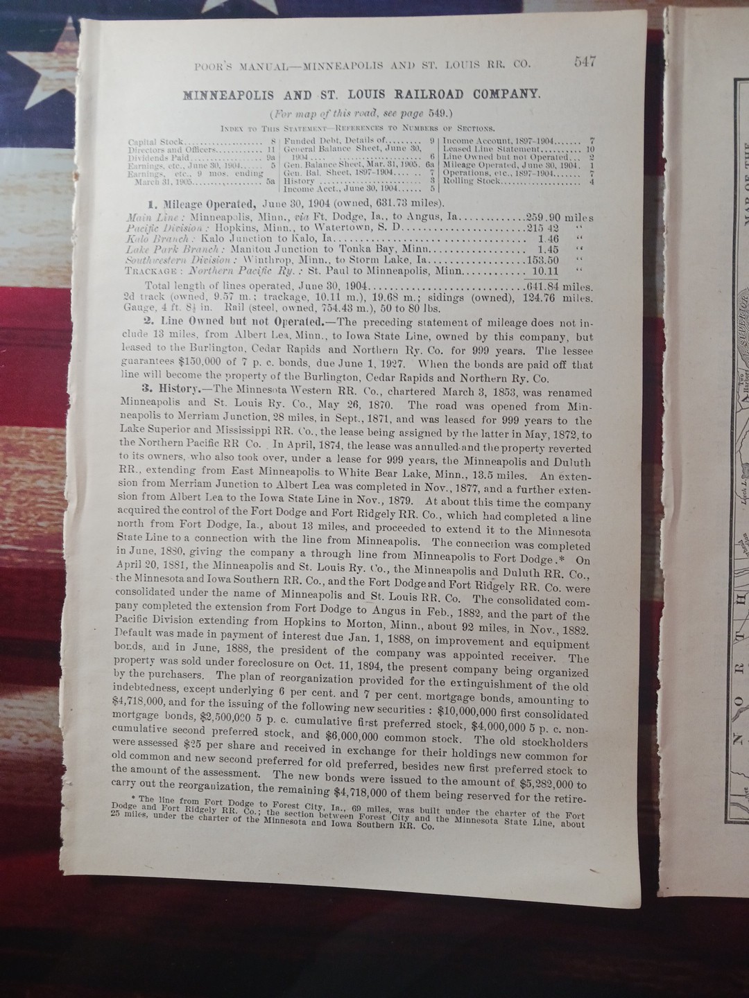 1905 Train Route Map + Report Minneapolis & St Louis Railroad Kalo Angus Iowa