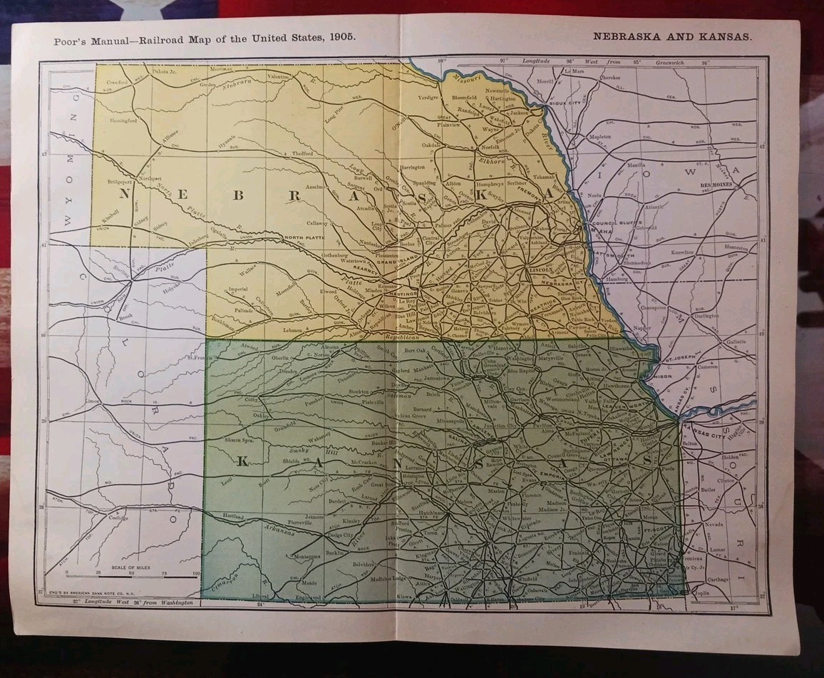 1905 Dated Train Route Map NEBRASKA & KANSAS all Railroad Lines marked 11″x9″