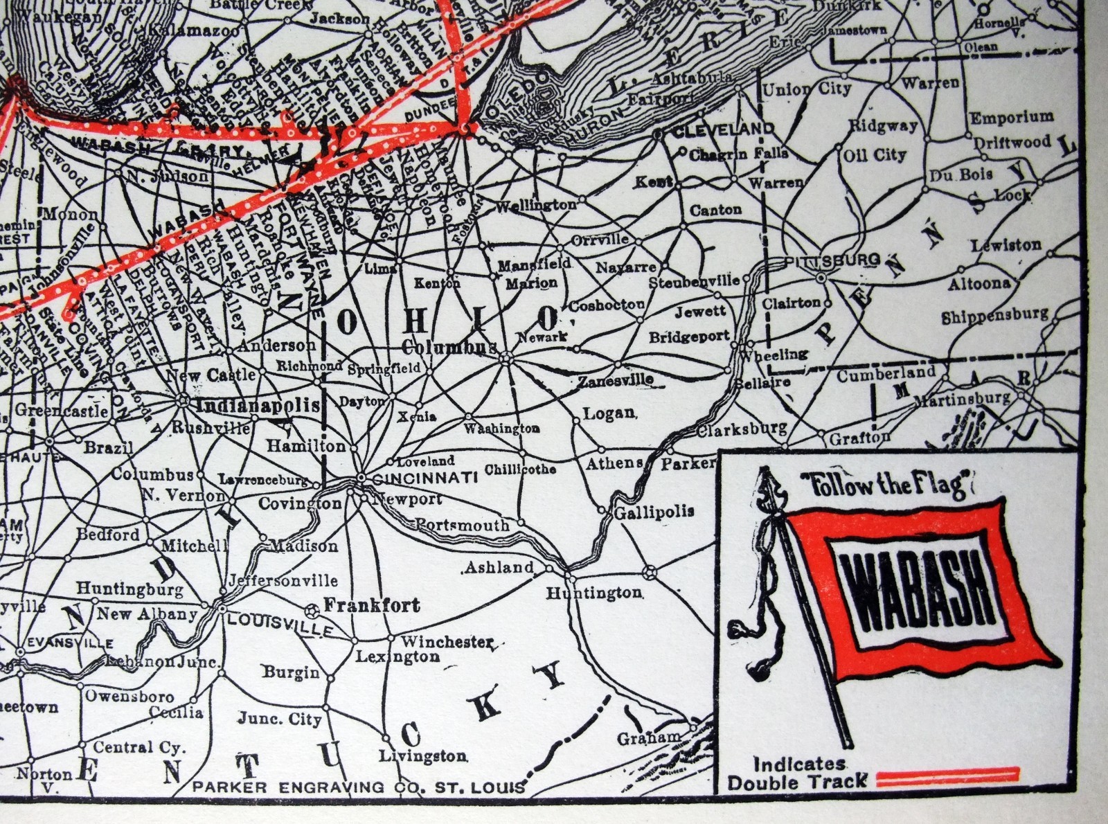 Wabash Railroad – Original 1929 System Map by Parker Engraving. Vintage