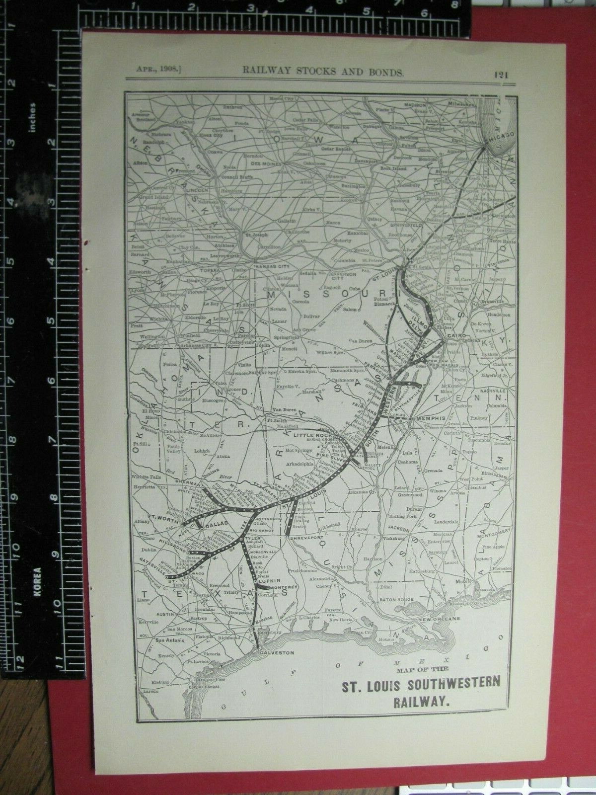 ORIG 1908 ST LOUIS SOUTHWESTERN RAILROAD SYSTEM ROUTE MAP in TX AR TN MO LA
