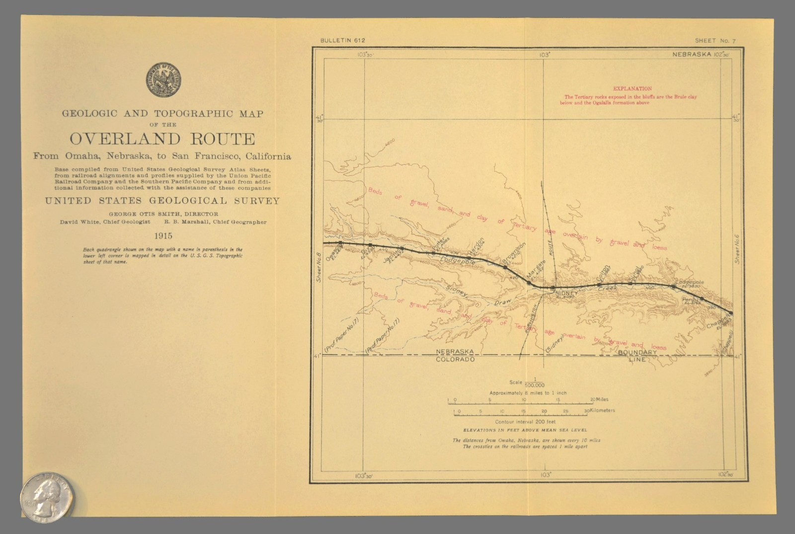 1915 Antique Union Pacific Railroad Map Sidney Nebraska Chappell NE Geological