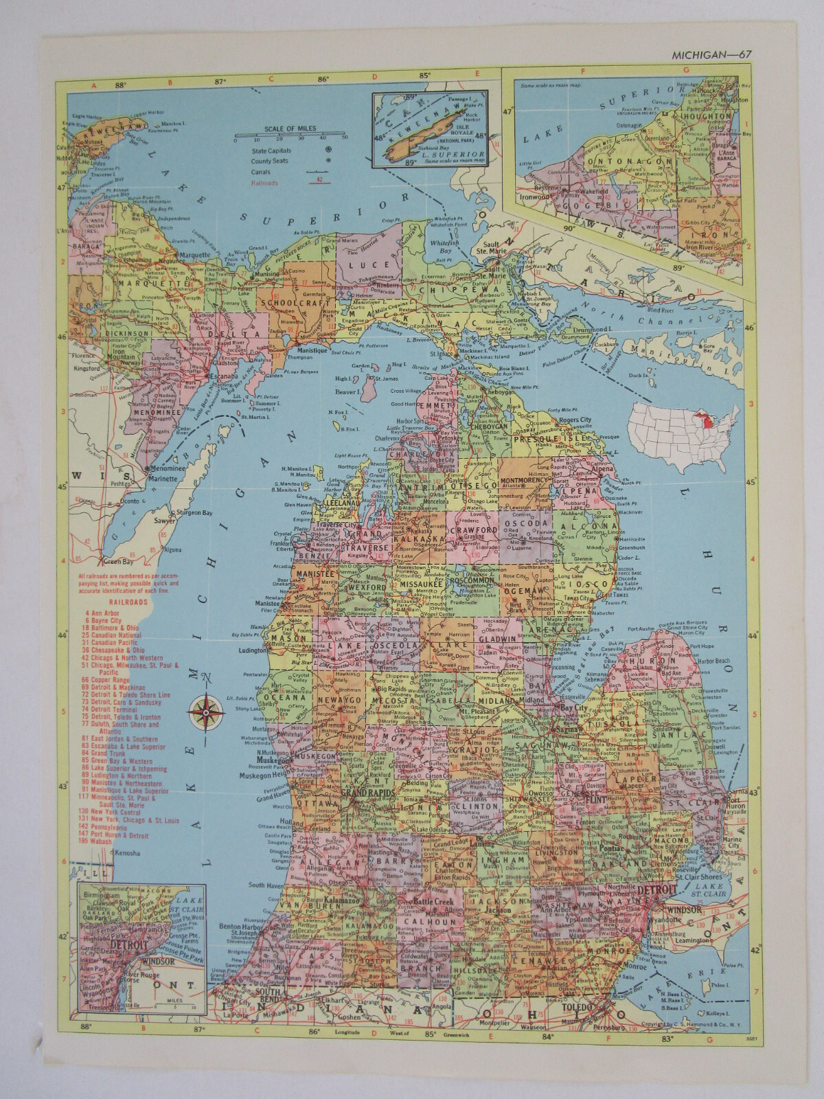 MN MI 1958 MINNESOTA RAILROAD Map DULUTH MESSABE & IRON RANGE RR ~or~ MICHIGAN