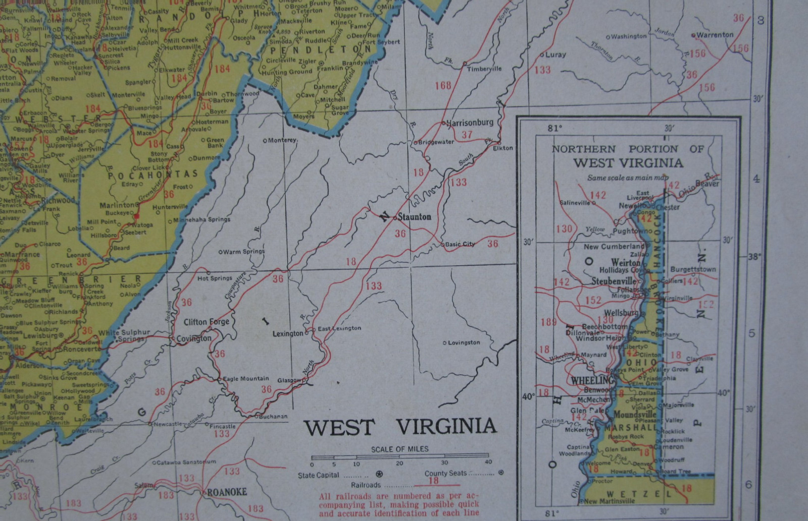 WV WA Vtg 1945 WEST VIRGINIA RAILROAD Map ROWLESBURG & SOUTHERN RR or WASHINGTON