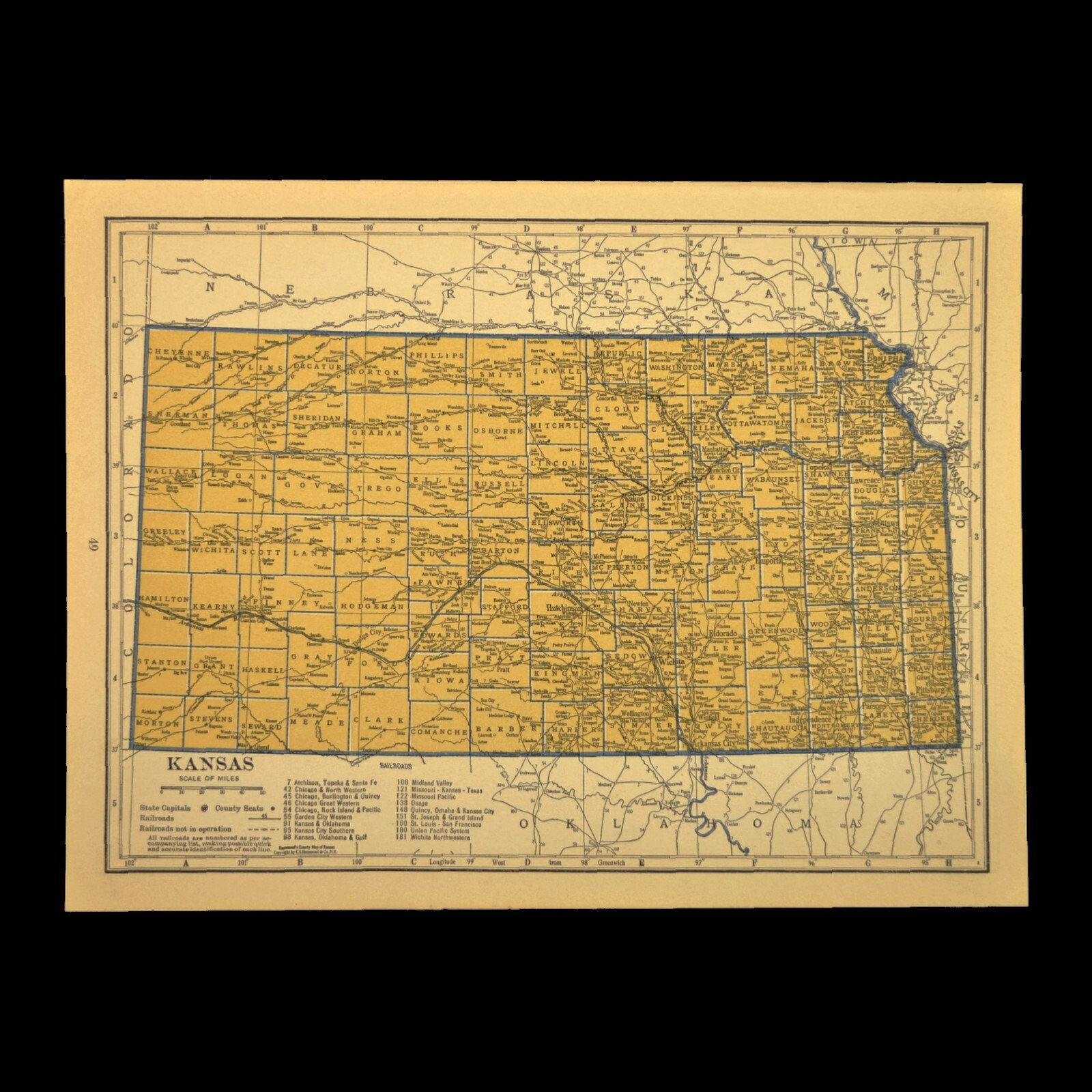 ca1939 KANSAS Railroad Map Depot Towns UP RR Historic Original Atlas Map