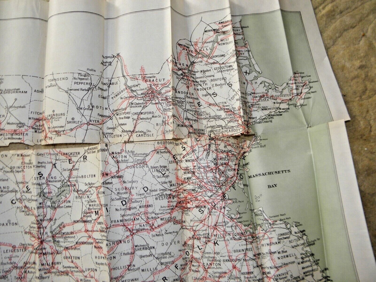 ANTIQUE LARGE MAP OF THE ELECTRIC RAILWAYS STATE OF MASSACHUSETTS RAILROADS 1908