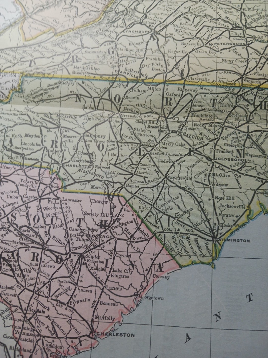 ~1898 Railroad Map Mid Atlantic Virginia Maryland WV SC NC DE Train Routes 11×9″