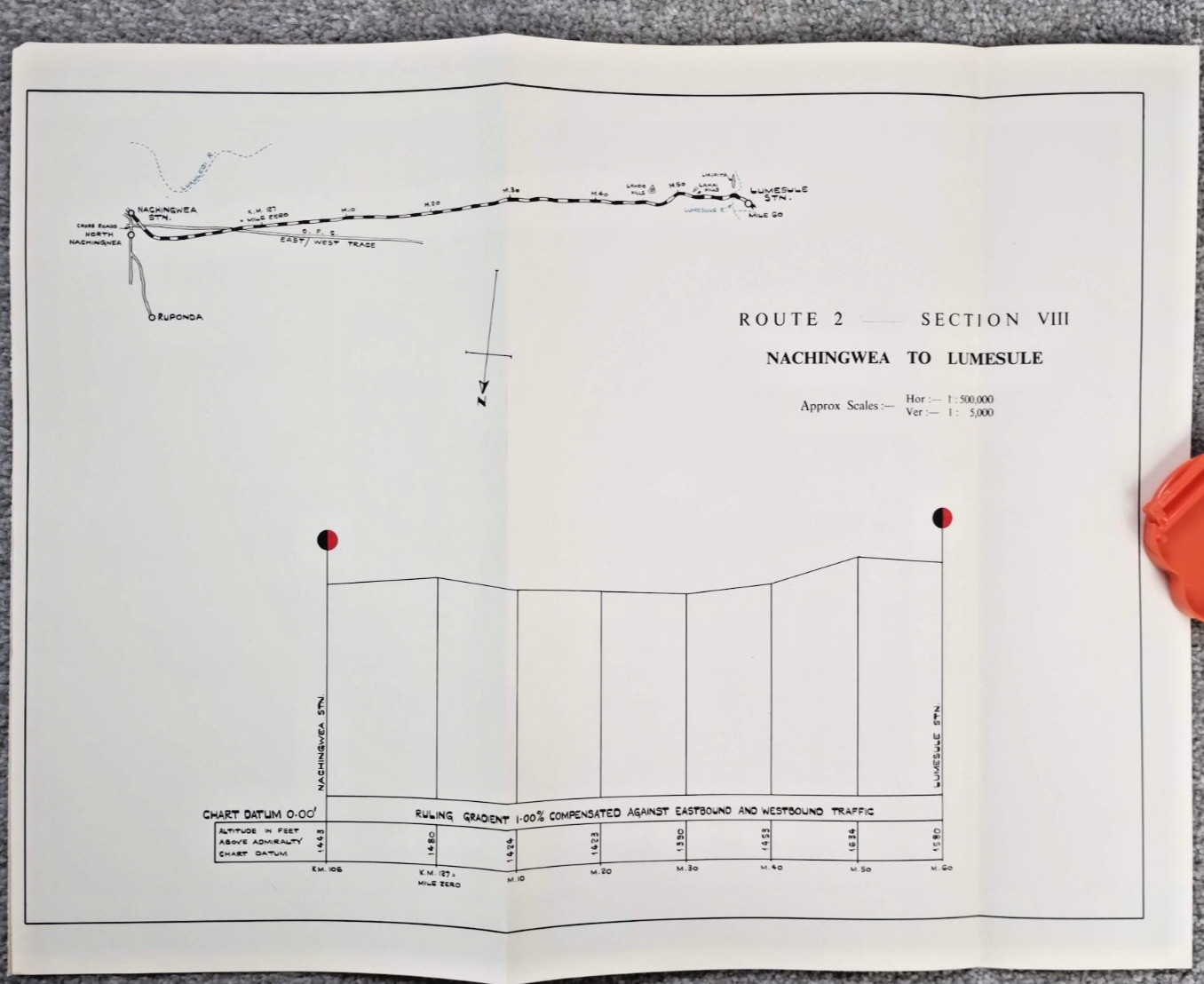 1952 East African Railways Map of Route: Nachingwea to Lumesule (Tanzania)
