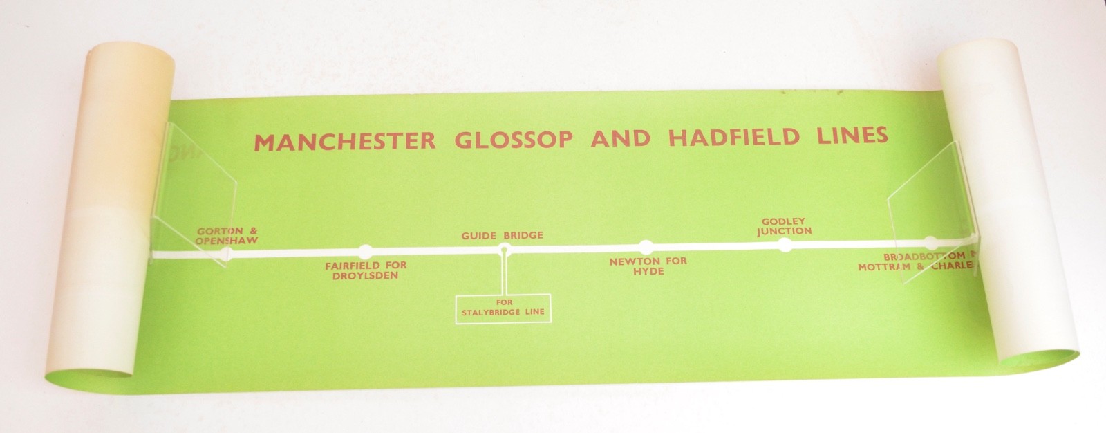 British Railways (LM) Carriage Map Machester Glossop & Hadfield 1940s