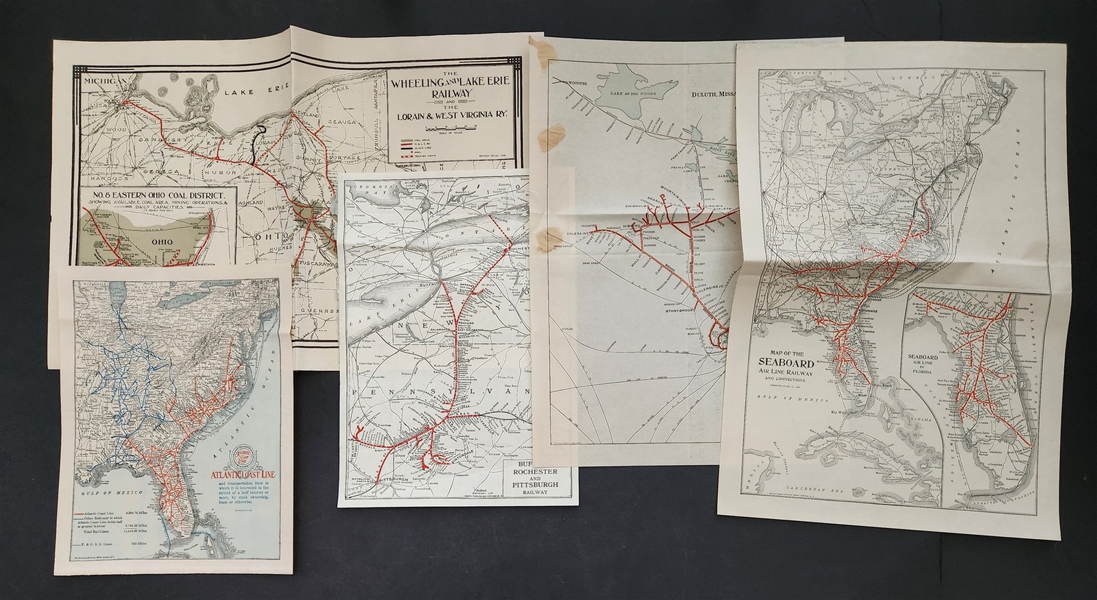 1910s-20s antique RAILROAD MAP lot ATLANTIC COAST LINE SEABOARD BUFFALO WHEELING