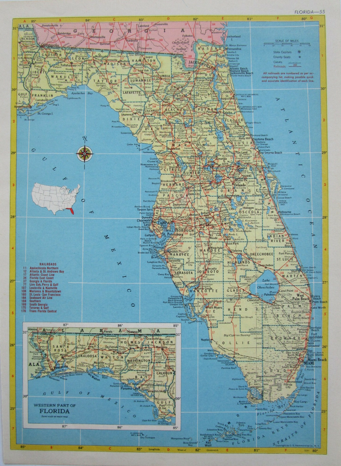 GA FL 1952 GEORGIA RAILROAD Map MILSTEAD RR; BOWDEN RR ~or~ FLORIDA.