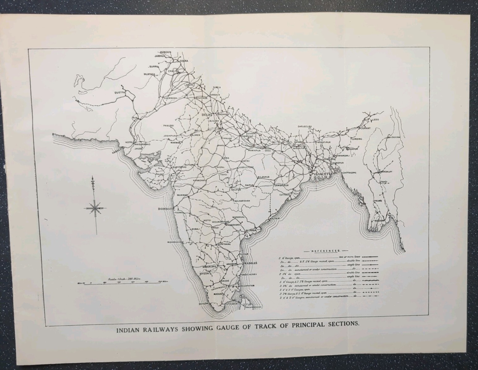 Original 1929 Map of Indian Railways Showing Gauge of Track Principal Systems
