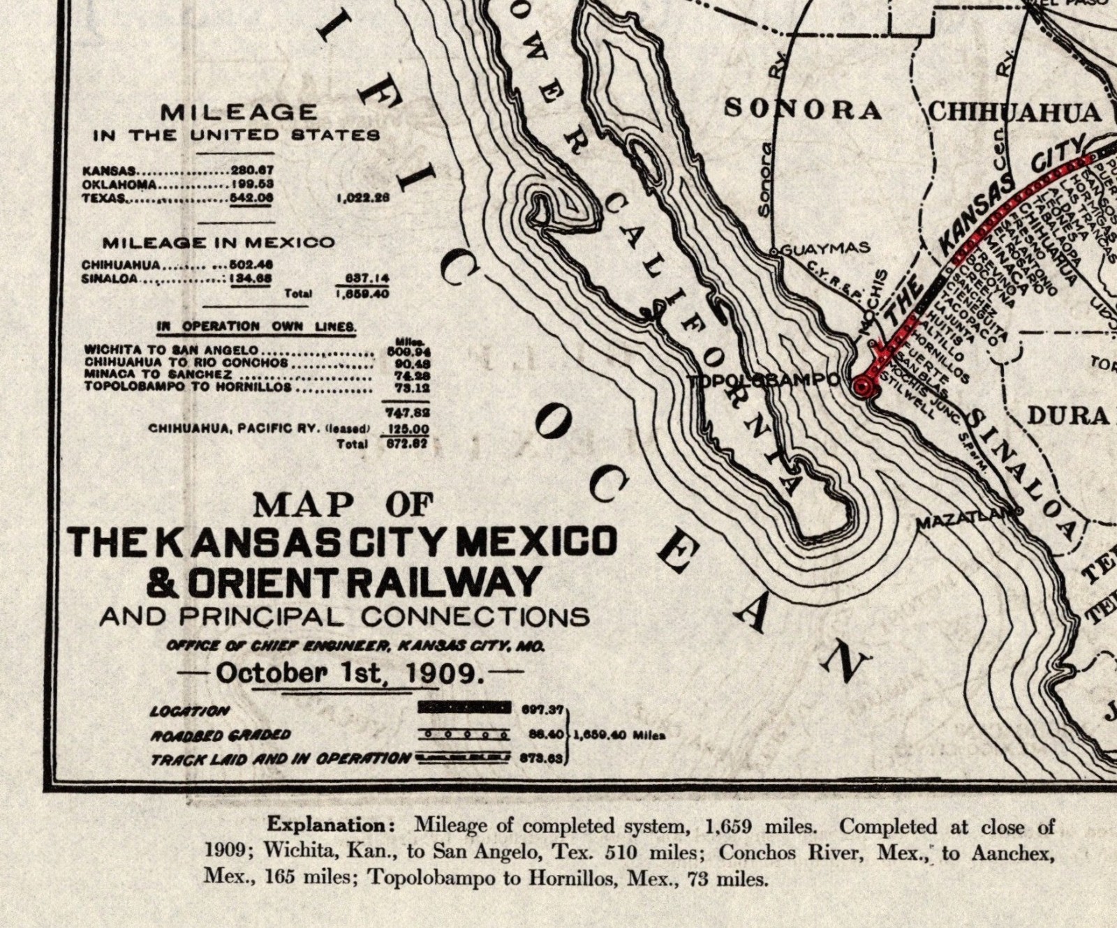 1909 Antique Kansas City Mexico & Orient Railway Map Mileage 2654