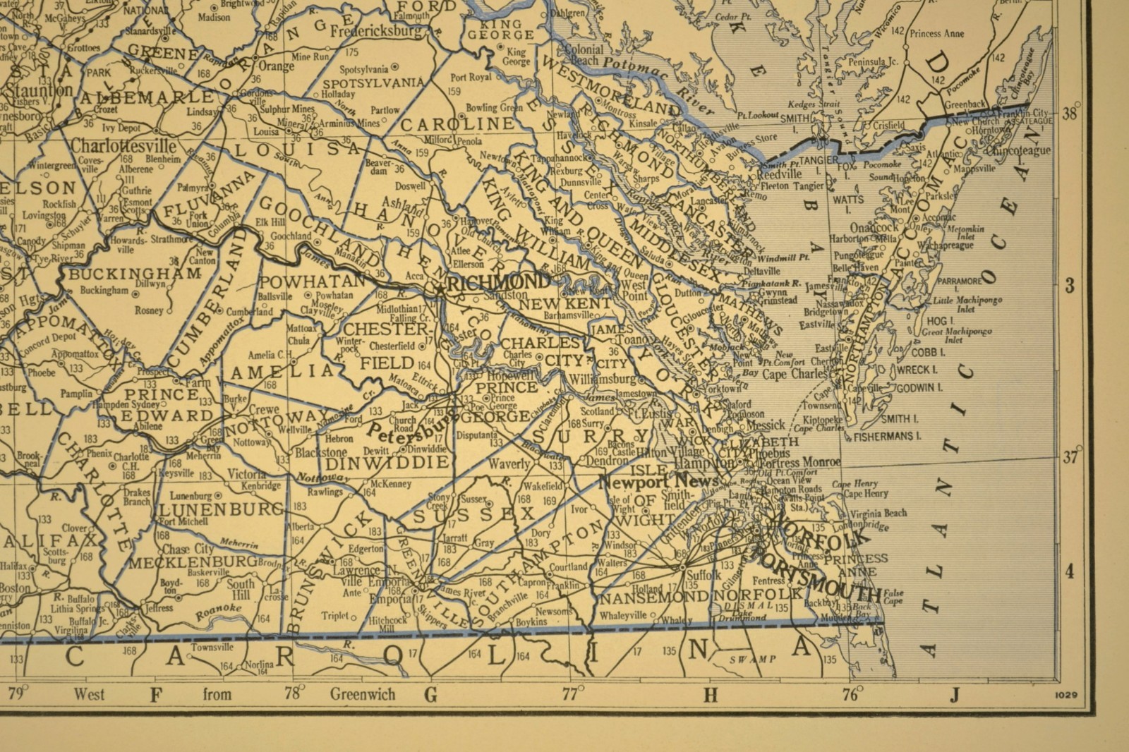 ca 1930 VIRGINIA Railroad Map Depot Towns C&O RR Historic Original Atlas Map
