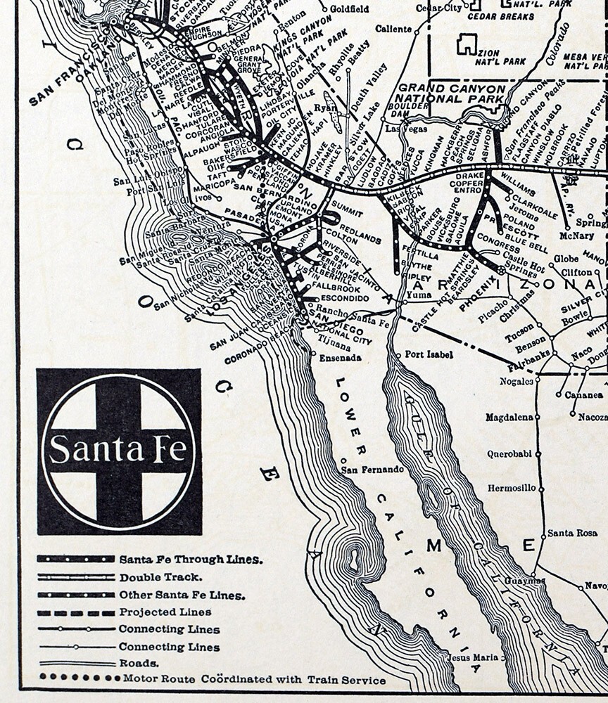 1938 Poole Bros Map Santa Fe Railroad Chicago Houston Texas San Francisco CA RR