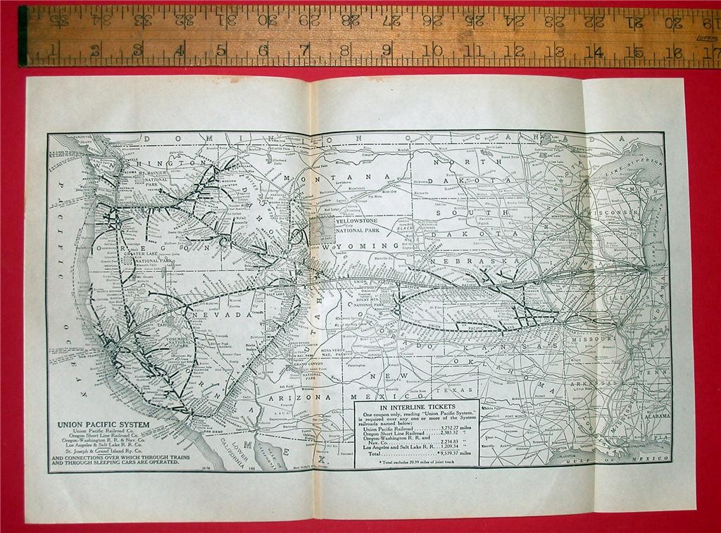 LARGE 8″x15″ 1924 UNION PACIFIC RAILROAD SYSTEM MAP NB CA WY CO UT UP RR HISTORY