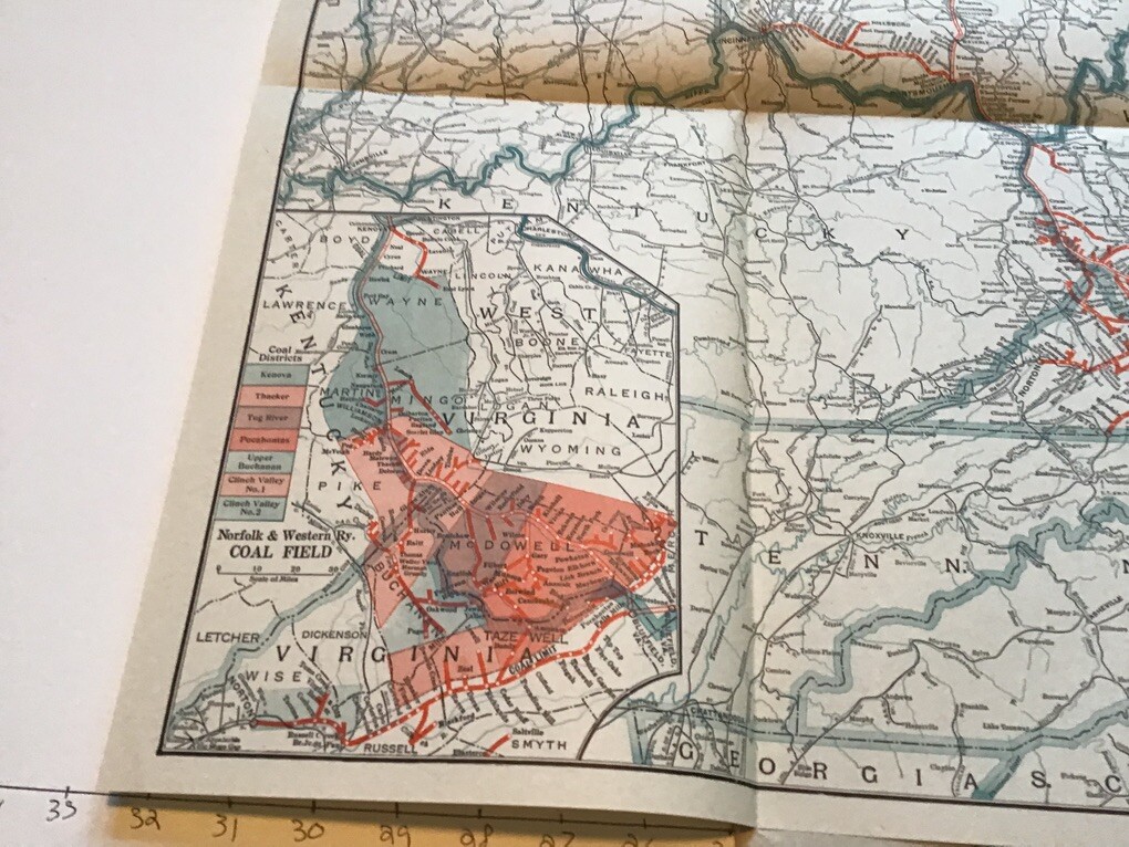 vintage railroad map: 33×22″ NORFOLD & WESTERN Railway dec 31, 1950