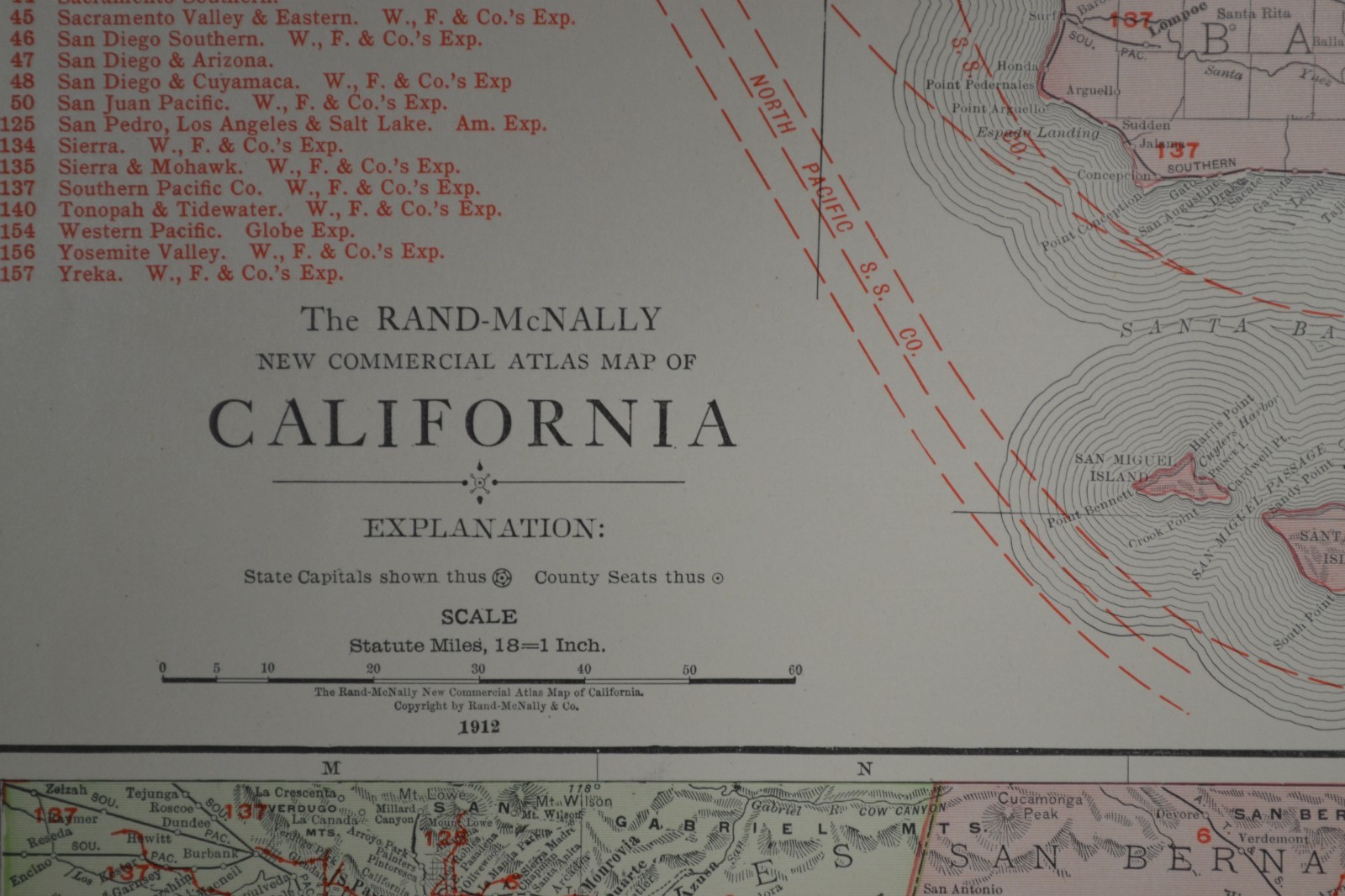CALIFORNIA – SOUTH – 1912 – RAND-McNALLY NEW COMMERCIAL ATLAS – SHOWS RAILROADS