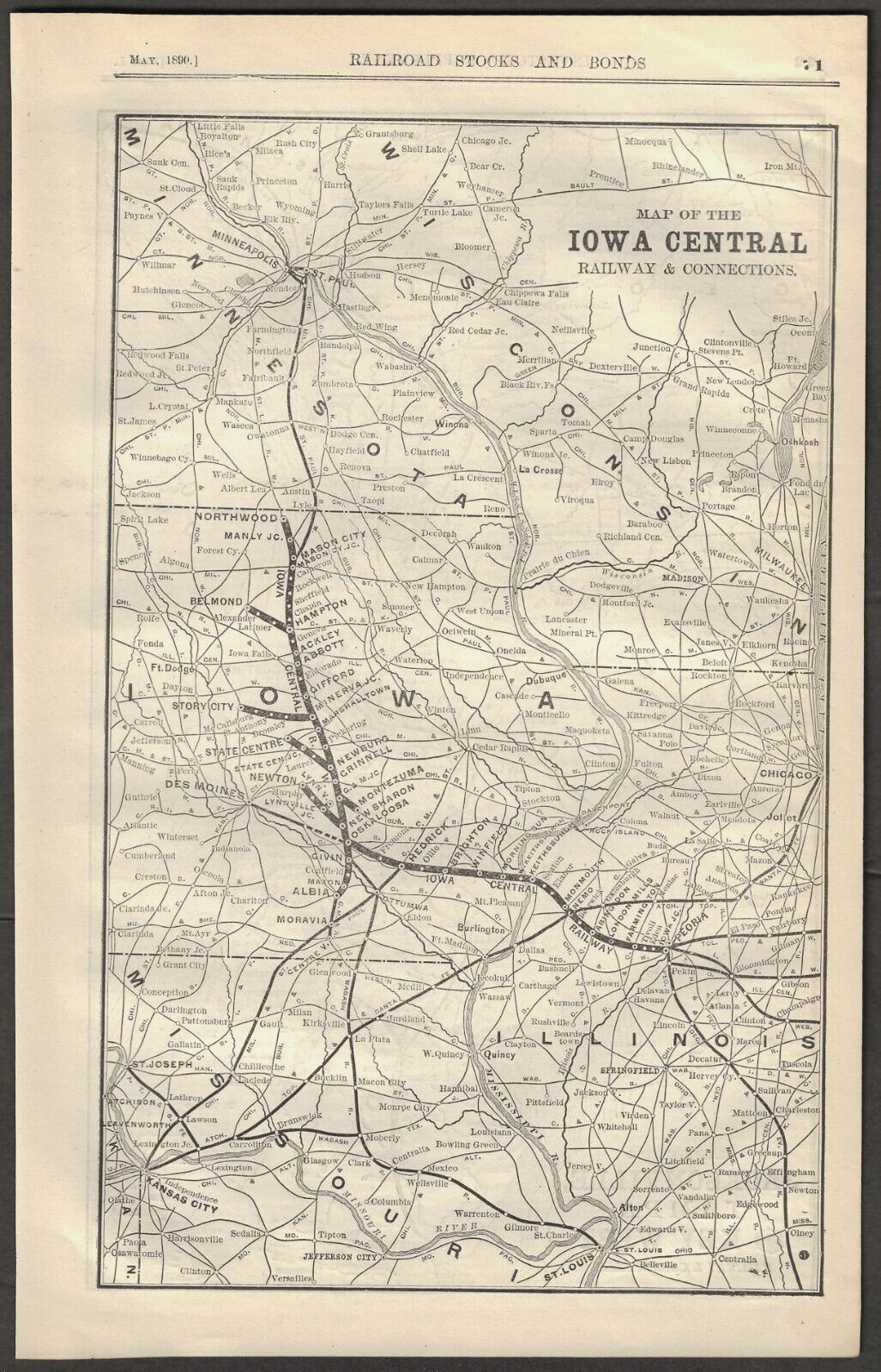 1890 MAP Of The JACKSONVILLE, TAMPA and KEY WEST RAILWAY ~ Iowa Central Reverse