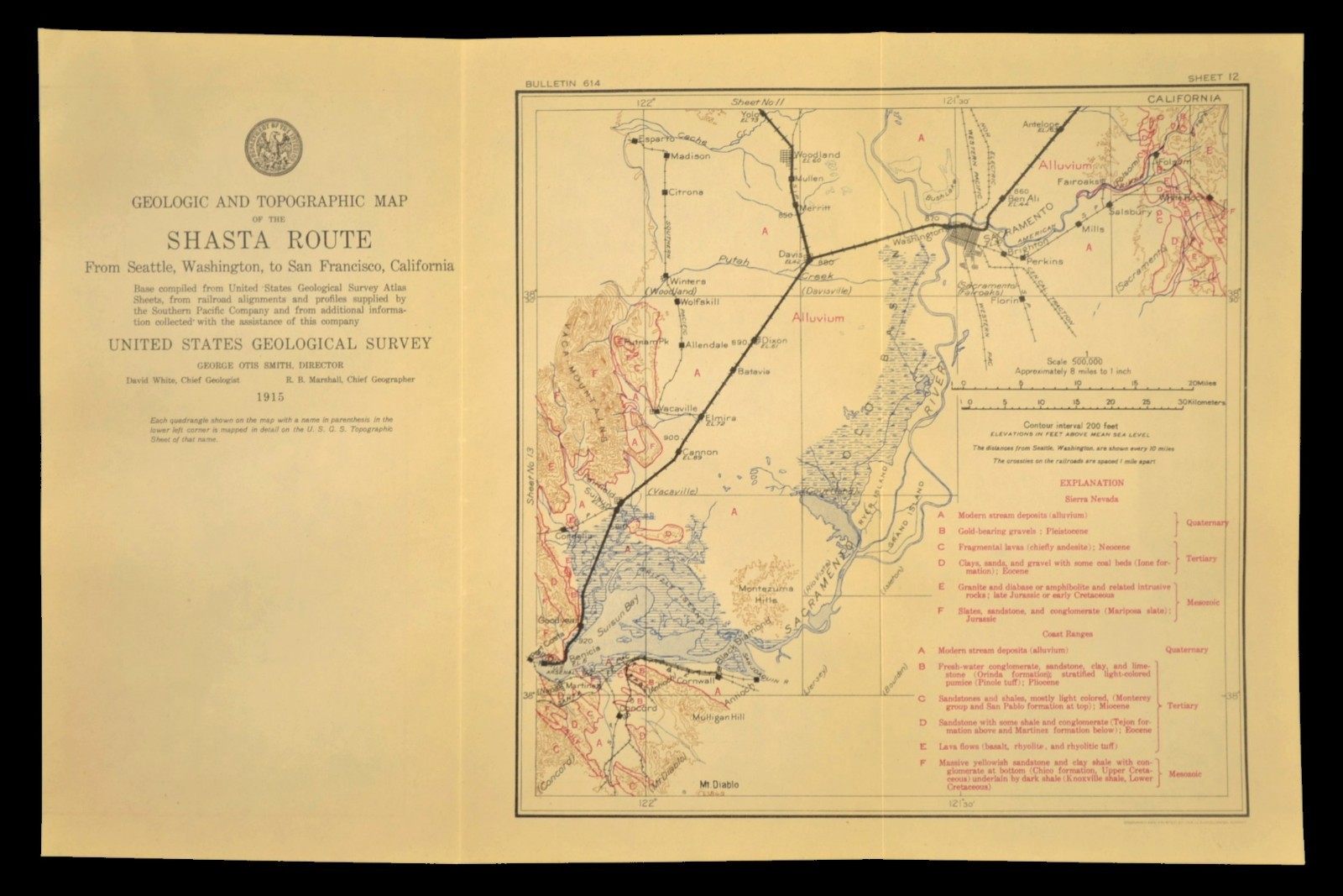 1915 Antique Southern Pacific Railroad Map Line Sacramento California Concord CA