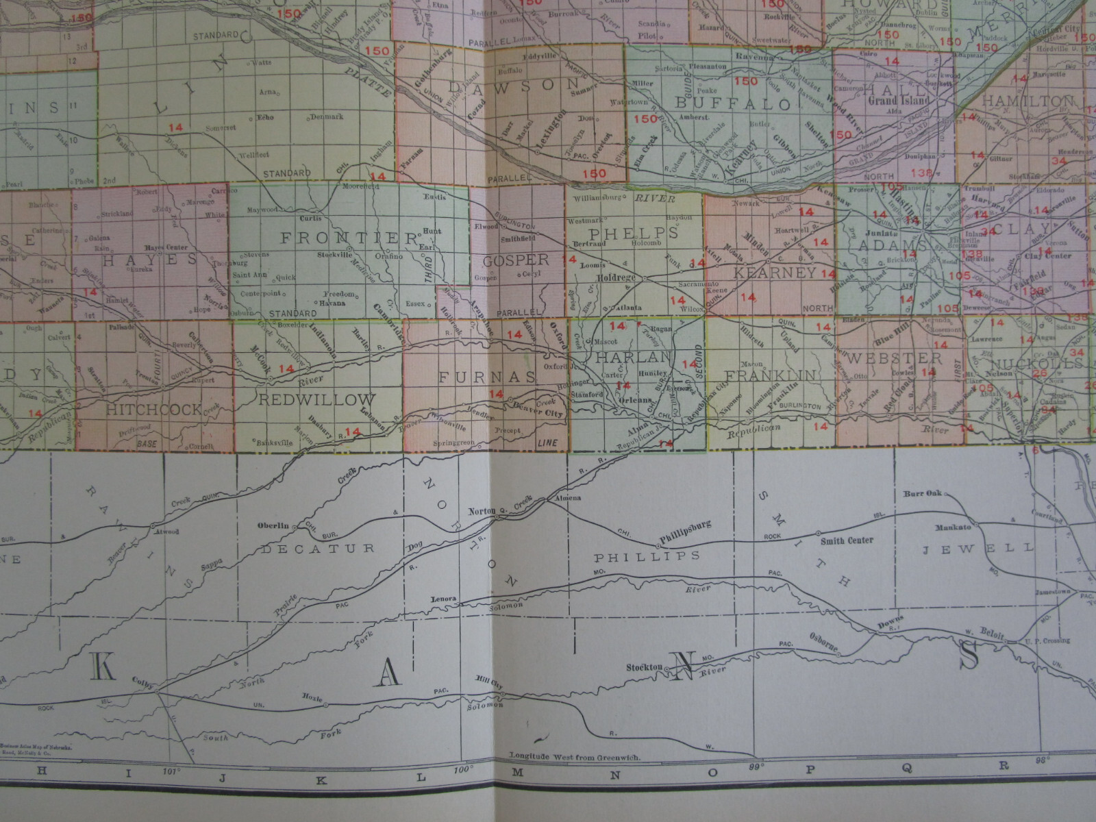 NE ANTIQUE 1912 DATED NEBRASKA RAILROAD Map. ST JOSEPH & GRAND ISLAND RR, ATSF