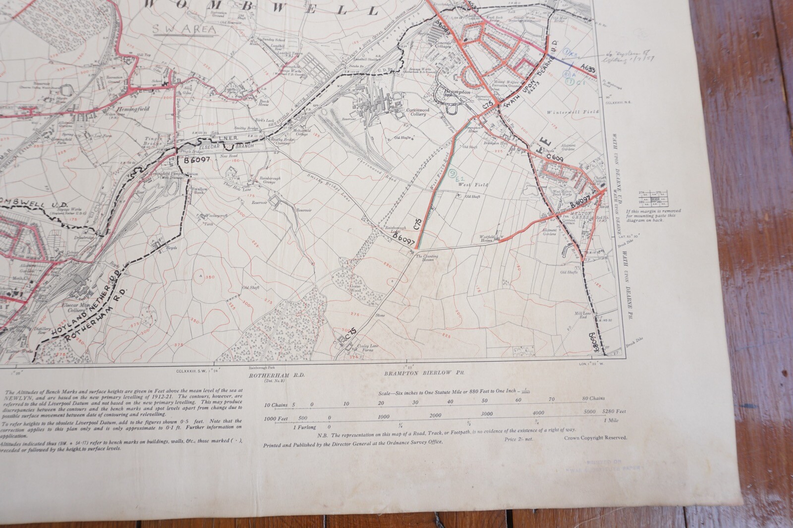 1931 Wombwell Yorkshire LNER Railway OS Linen Map Ref 6