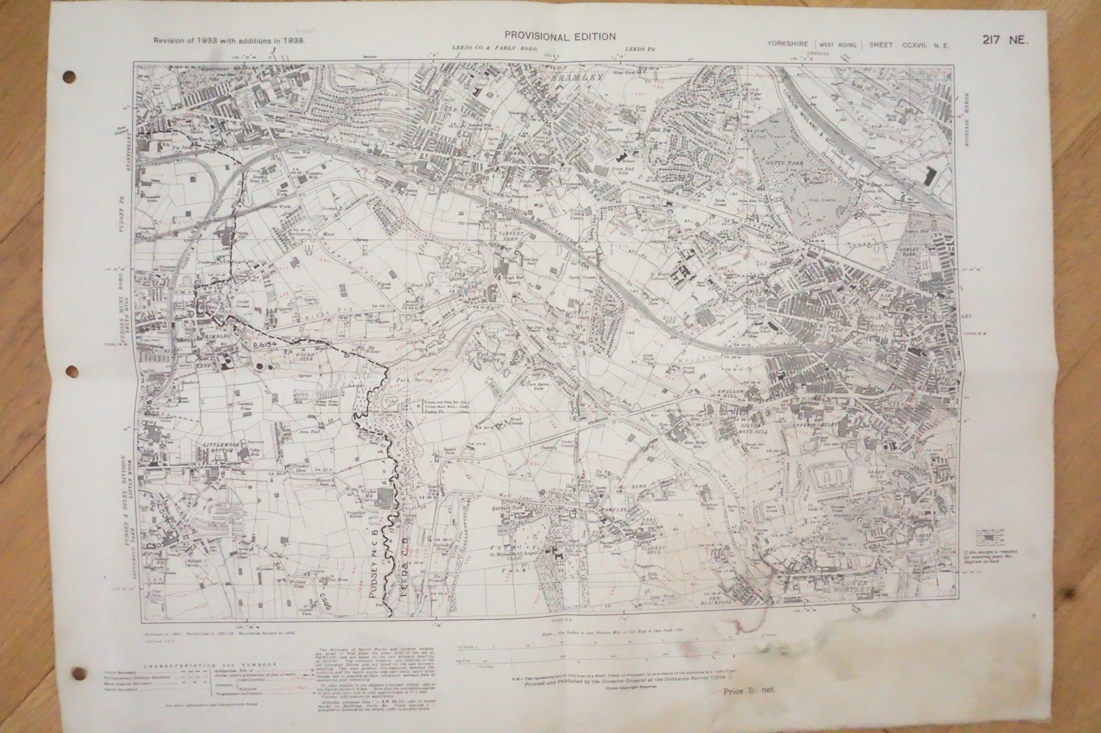 1938 Farnley Littlemoor Bramley Yorkshire LNER LMS Railway OS Linen Map Ref 47 *