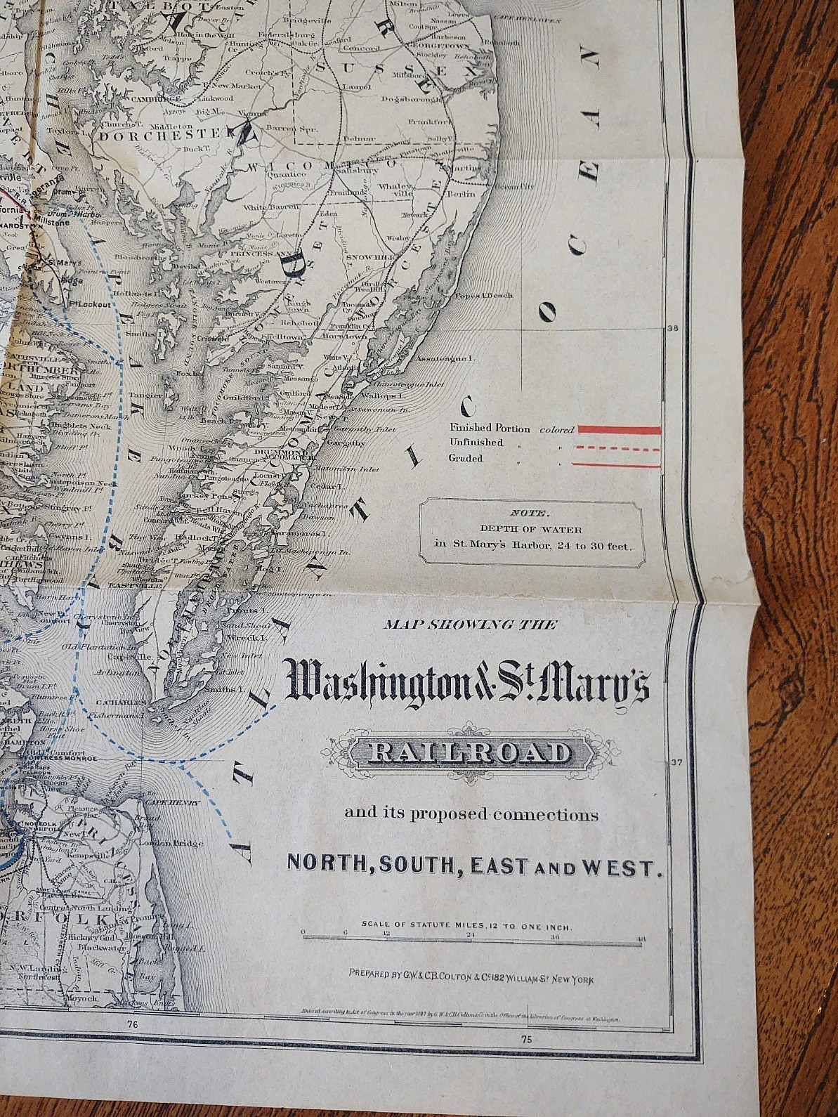 RARE Antique ORIGINAL Washington & St. Mary’s Railroad map 1887 G.W & C.B Colton