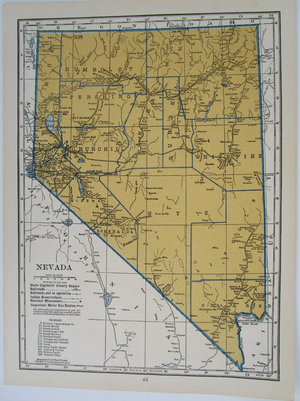 NV NH PRE WWII 1939 NEVADA RAILROAD Map TONAPAH TIDEWATER RR ~or~ NEW HAMPSHIRE