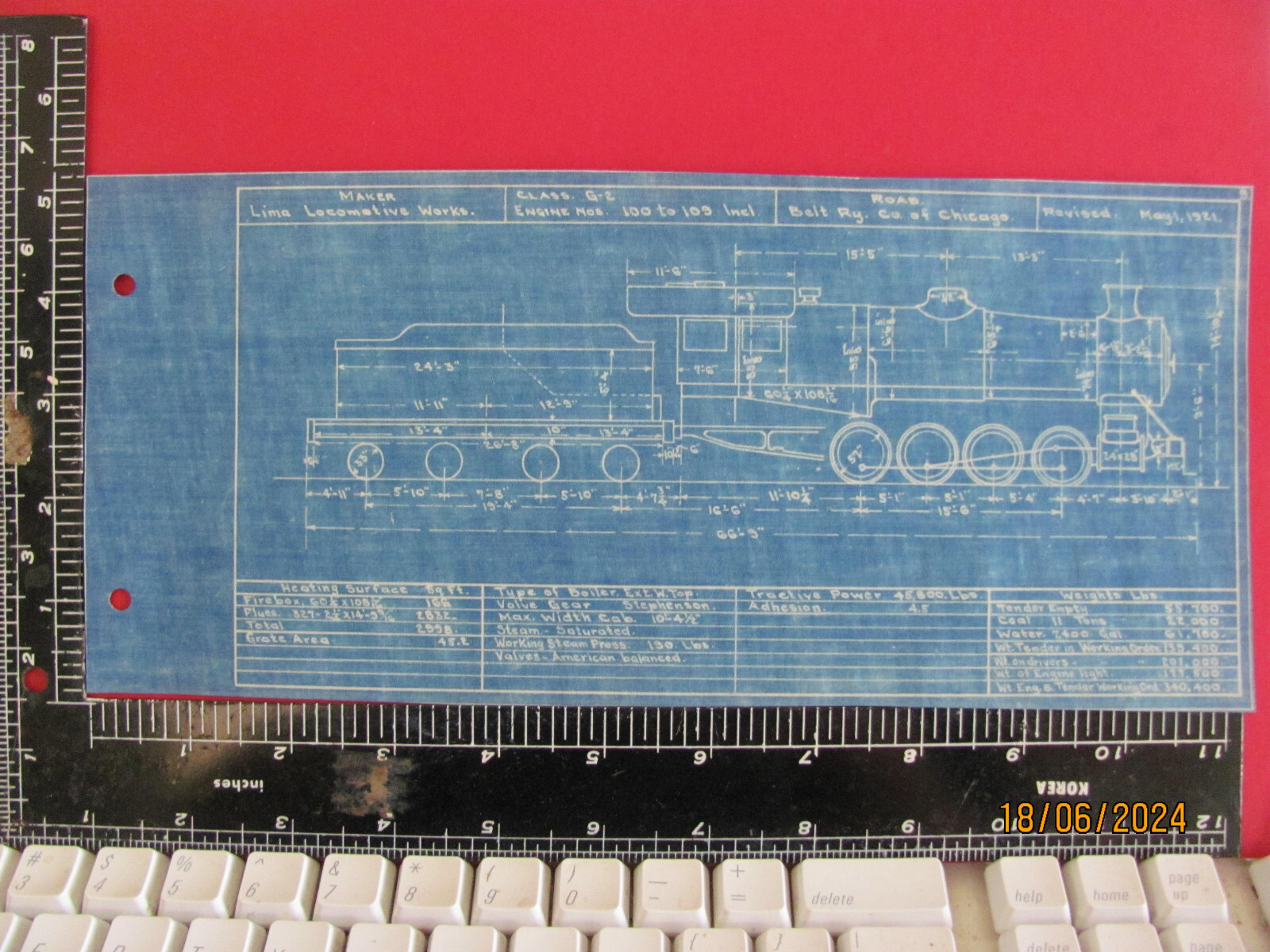 BELT RAILWAY OF CHICAGO 0-8-0 G-2 LOCOMOTIVES #100 – #109 BLUEPRINT DATA DRAWING