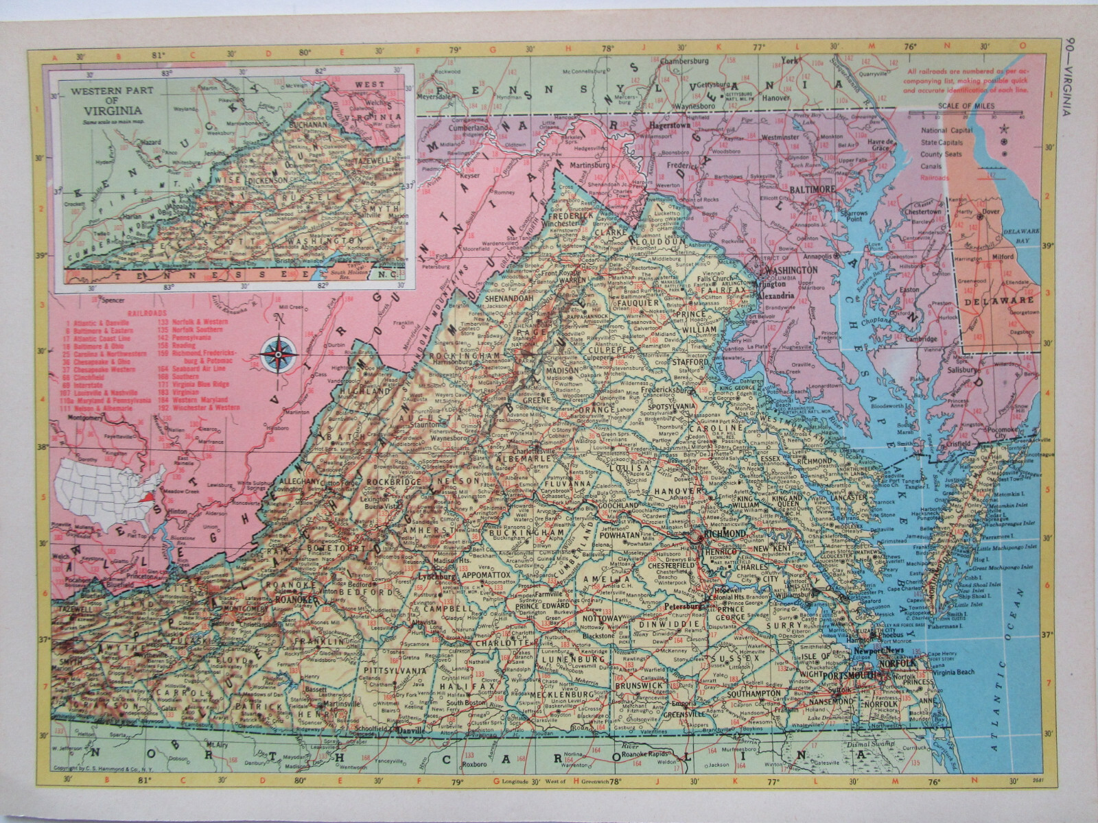 VA VT 1953 VIRGINIA RAILROAD Map WINCHESTER WEST’N RR or VERMONT, LAMOILLE CO RR