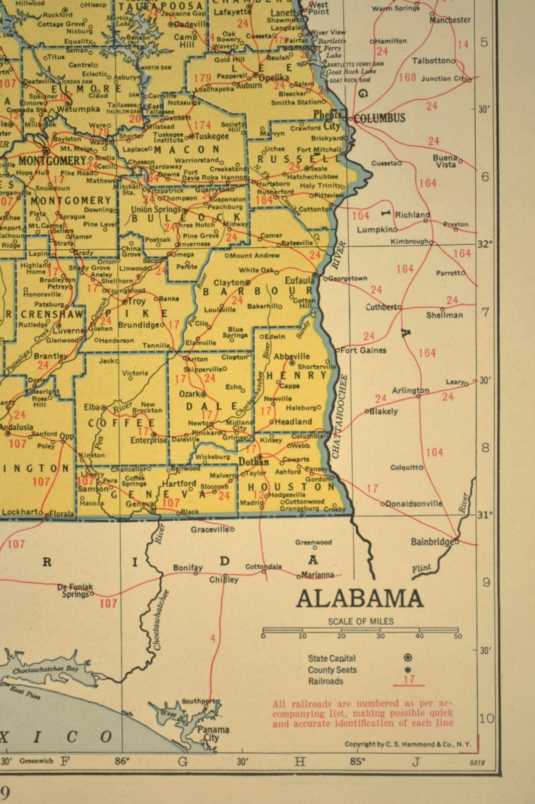 Vintage ALABAMA Map Railroad Depot Towns Birmingham Louisville & Nashville RR