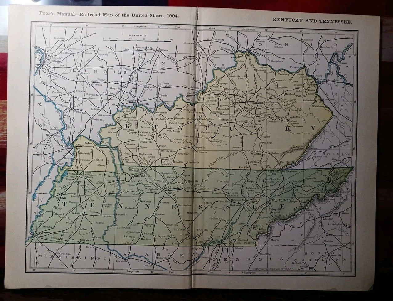 ~1904 vintage Railroad Map TENNESSEE KENTUCKY all Train lines Depots 11″x9″