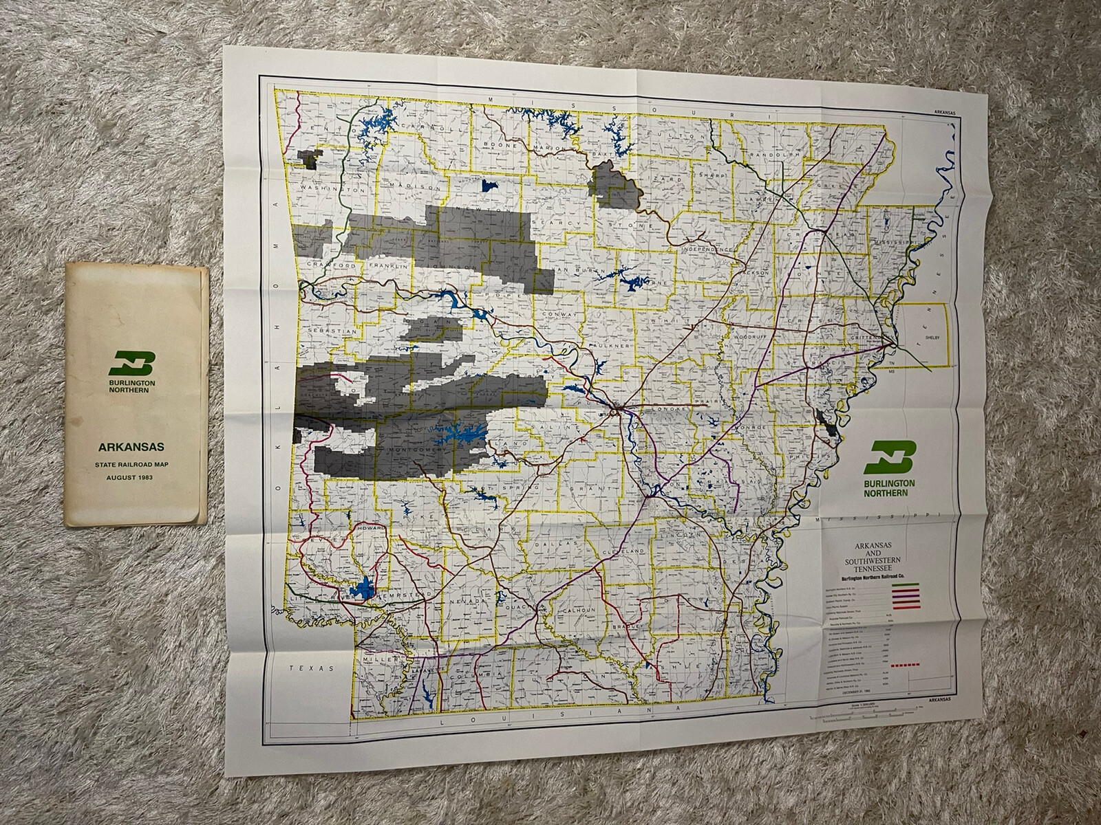 Burlington Northern Railroad 1983 Arkansas State Railroad Map in sleeve PR1