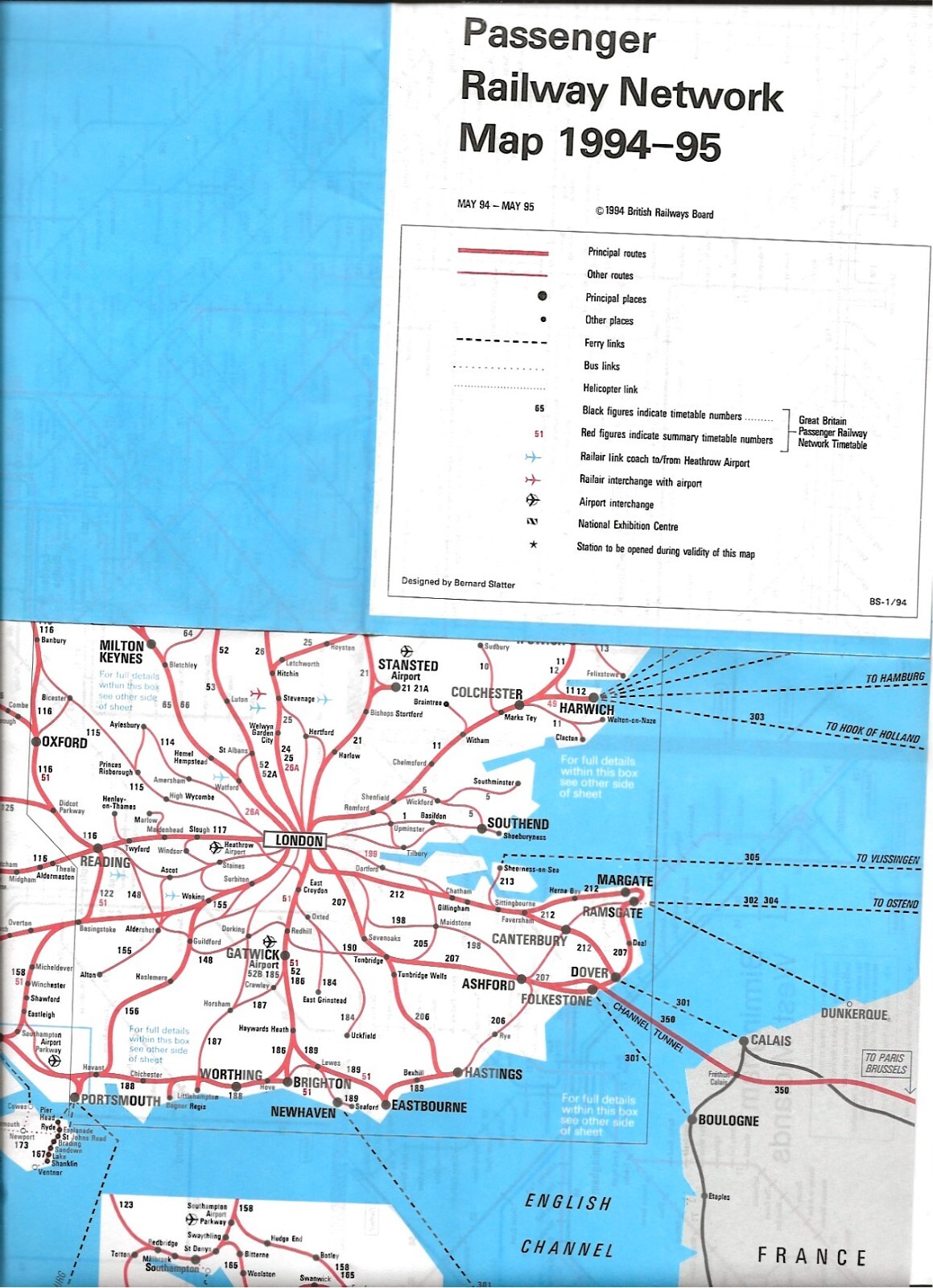 BR all lines map 1994-95 16 panels Eurotunnel add, urban area inserts on reverse