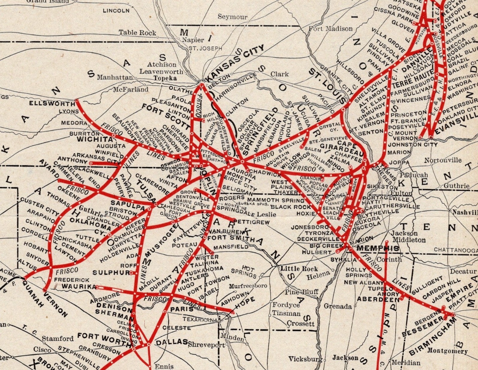 1912 Antique St Louis & San Francisco Railroad Map Vintage Railway Map 2444