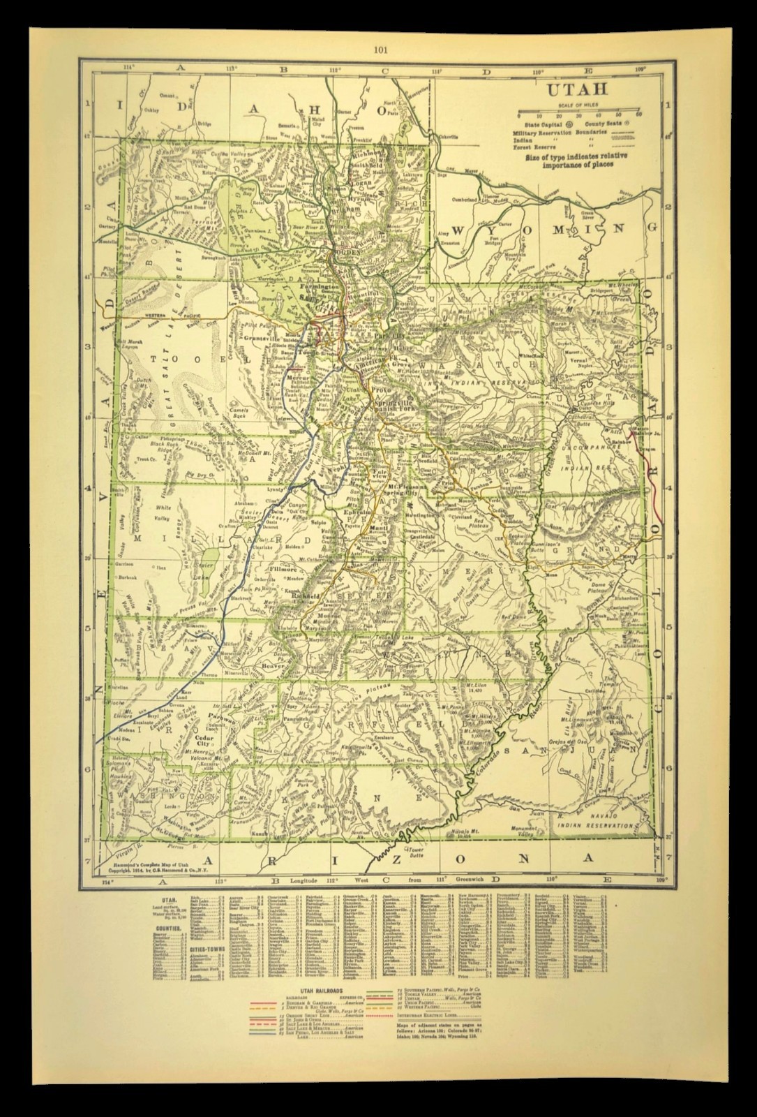 1914 Antique Map of UTAH Railroads Map ORIGINAL Atlas Denver & Rio Grande DATED