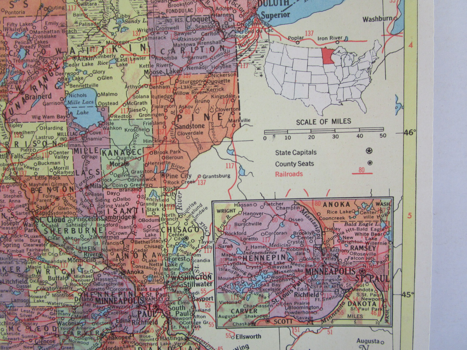 MN MI 1958 MINNESOTA RAILROAD Map DULUTH MESSABE & IRON RANGE RR ~or~ MICHIGAN