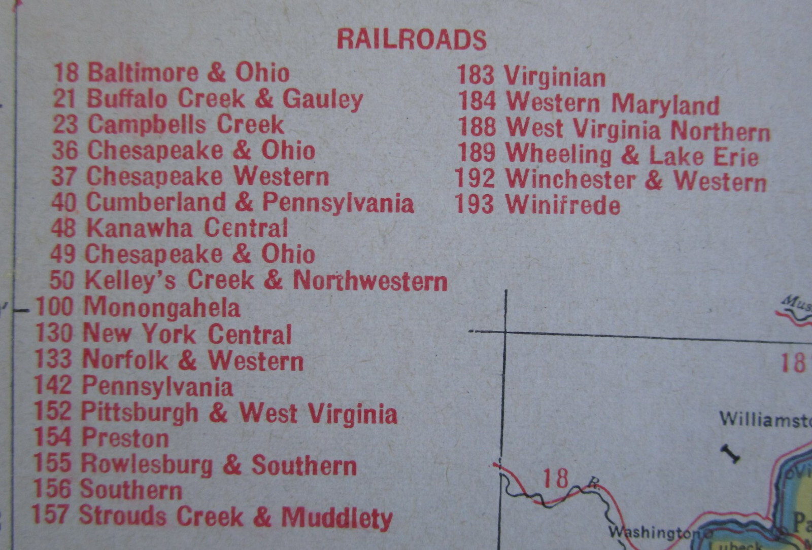WV WA Vtg 1945 WEST VIRGINIA RAILROAD Map ROWLESBURG & SOUTHERN RR or WASHINGTON