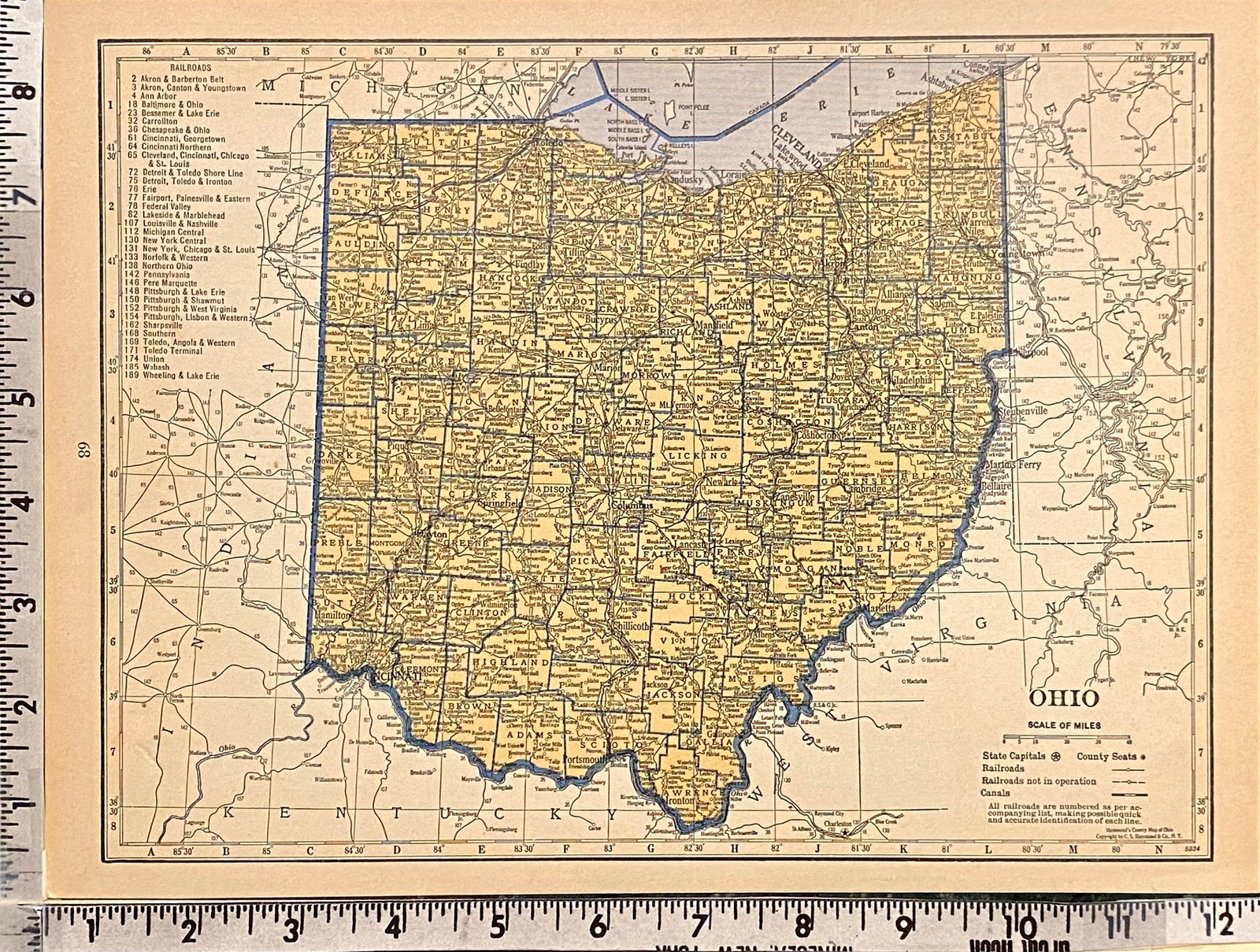 NORTH DAKOTA & OHIO c 1935 County & Railroad Maps. Hammond & Co. 9×12″ VG-F