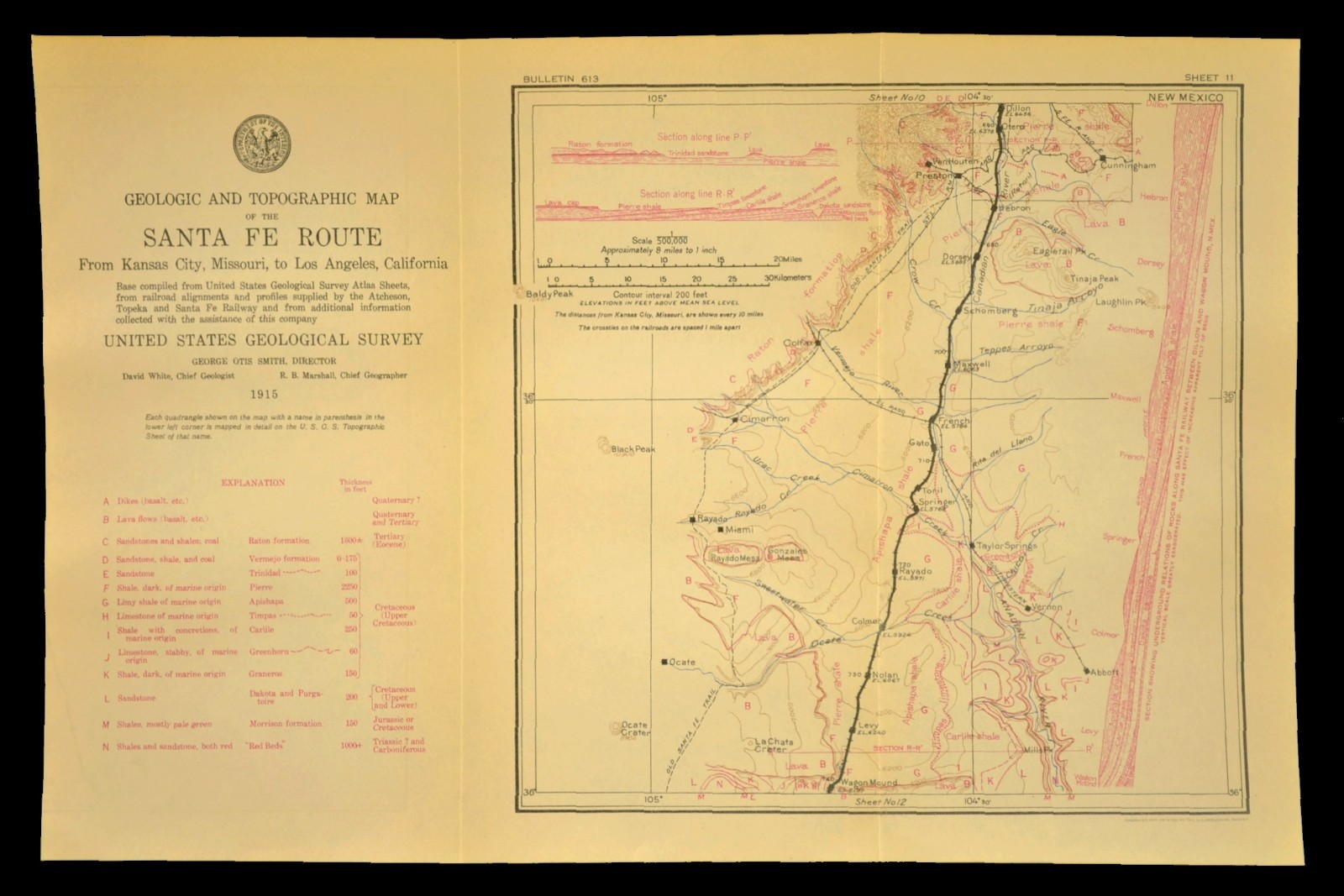 1915 Antique Santa Fe Railroad Map Line Rayado New Mexico Cimarron NM Geological