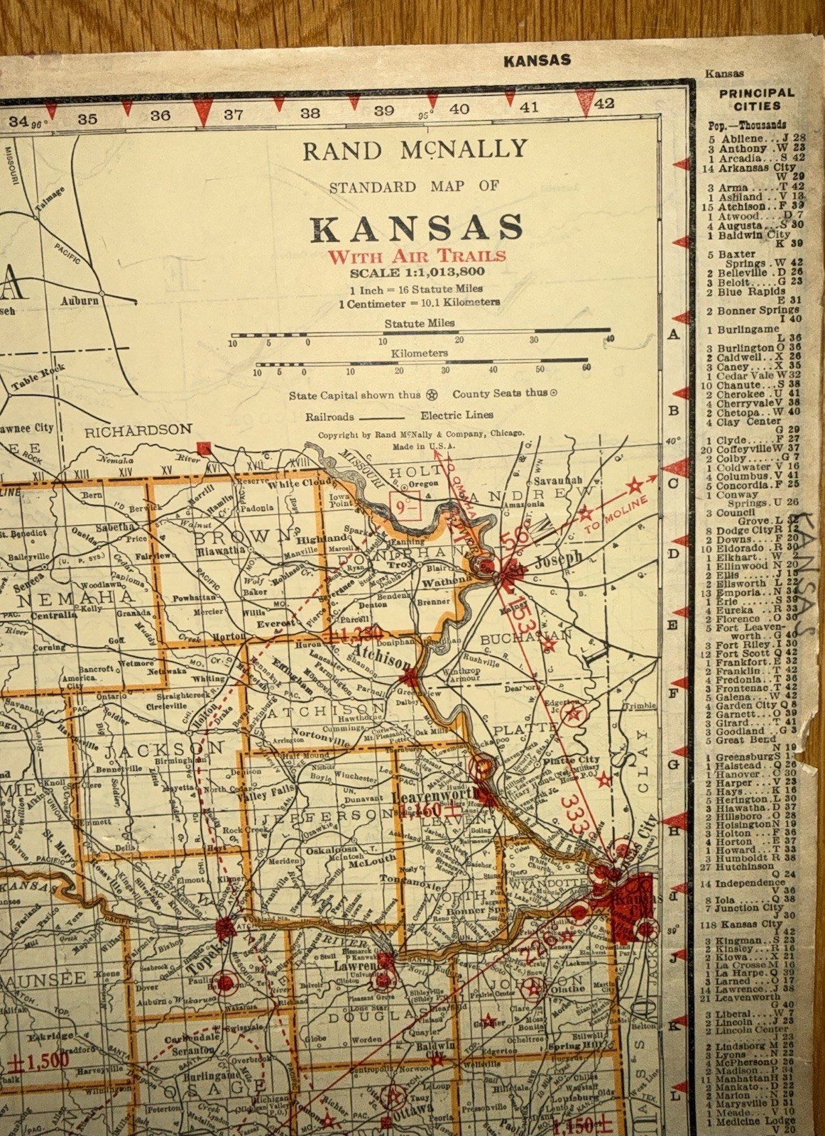 C.1920’s Era Rand McNally Map Of Kansas Air Trails & Railroads 2 Sided Very Rare