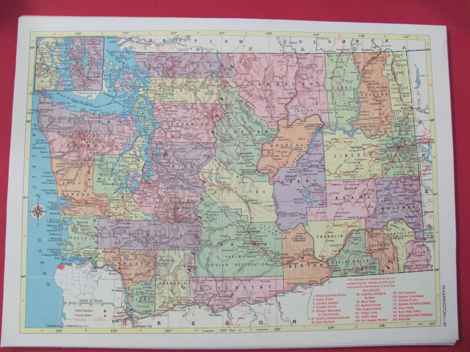 HISTORIC 1953 WEST VIRGINIA & WASH.RAILROAD MAP SHOWS AND LIST ALL WA & VT RRs