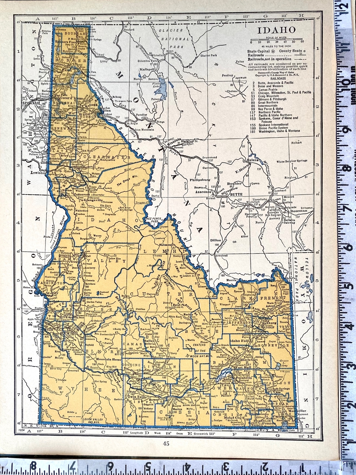 IDAHO & ILLINOIS Original c 1935 County & Railroad Maps. Hammond & Co. 9×12″