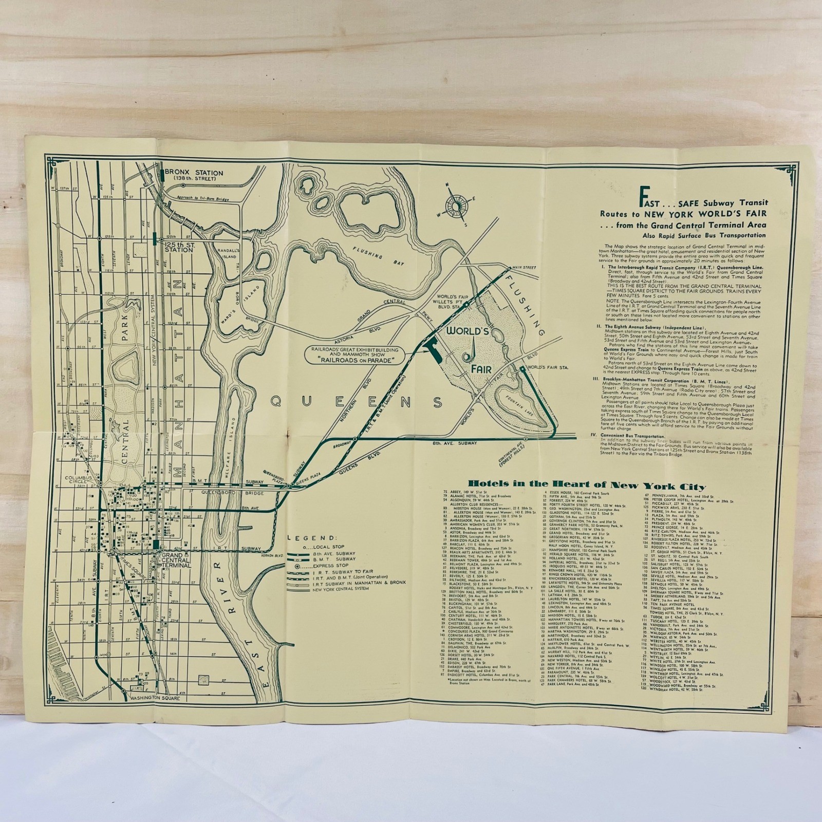 1940 New York World’s Fair Map Local Transit New York Central System Brochure